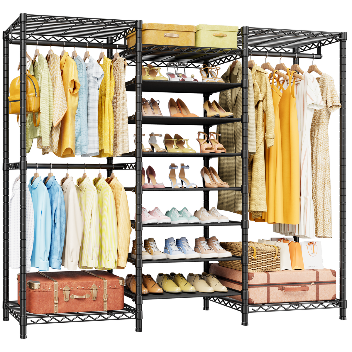 E16 Heavy Duty Clothing Rack（with 7-Tier Adjustable Shoe Rack） Freestanding Clothes Rack for Hanging Clothes