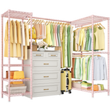 E10L L-Shaped Clothes Rack for Corner（With Expandable Hanger Rod）Heavy Duty Freestanding Clothing Racks for Hanging Clothes，Portable Garment Rack