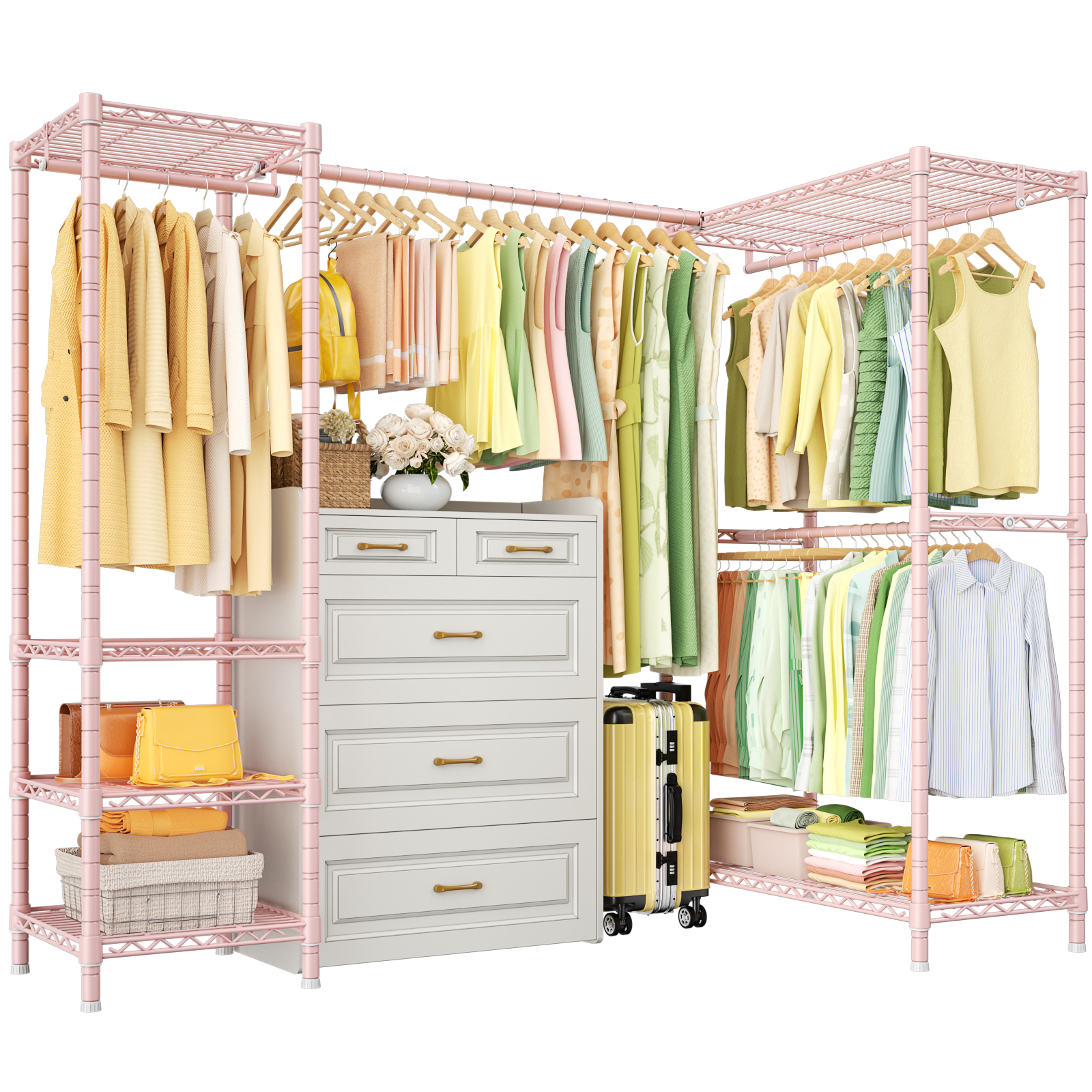 E10L L-Shaped Clothes Rack for Corner（With Expandable Hanger Rod）Heavy Duty Freestanding Clothing Racks for Hanging Clothes，Portable Garment Rack