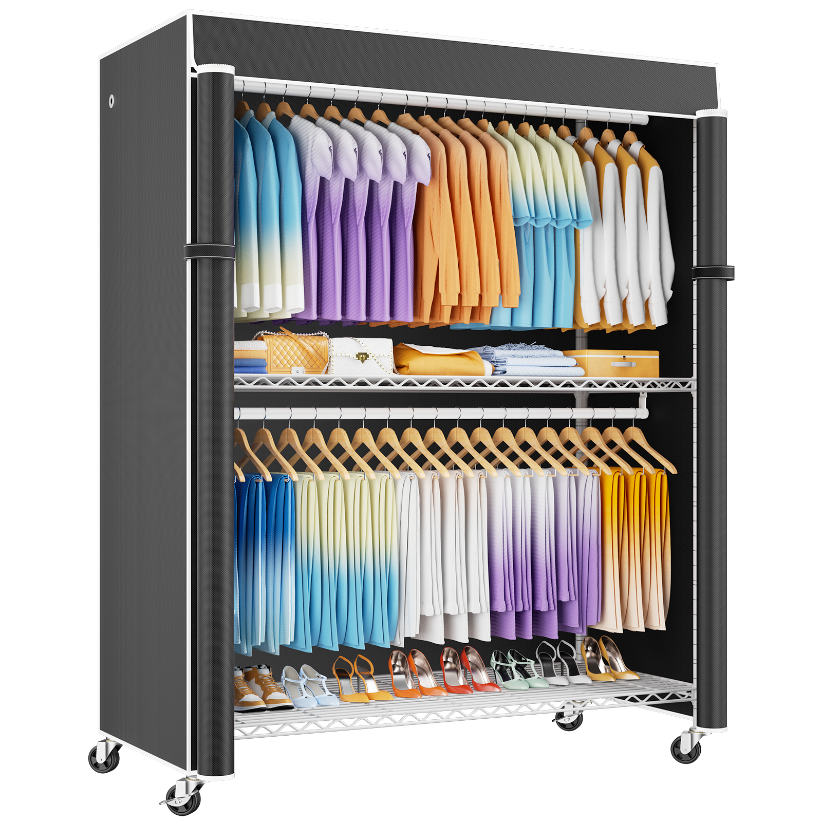 P8C Max Heavy Duty Clothes Rack（With Extended Width Design） Rolling Clothing Racks for Hanging Clothes with Lockable Wheels，51.2"W x 15.8"D x 80.5"H，Max Load 700LBS
