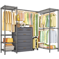 E10L L-Shaped Clothes Rack for Corner（With Expandable Hanger Rod）Heavy Duty Freestanding Clothing Racks for Hanging Clothes，Portable Garment Rack