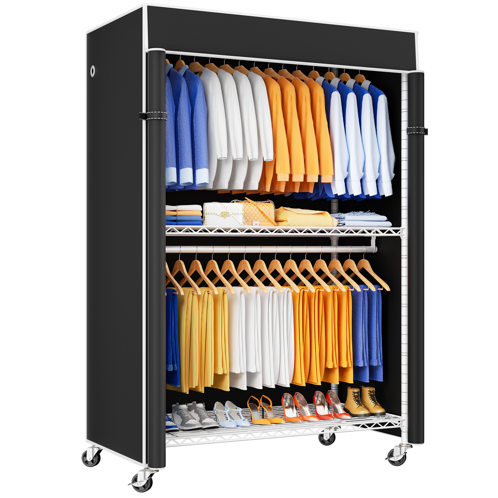 P8C Heavy Duty Clothes Rack（With Extended Width Design） Rolling Clothing Racks for Hanging Clothes with Lockable Wheels，51.2"W x 15.8"D x 80.5"H，Max Load 700LBS