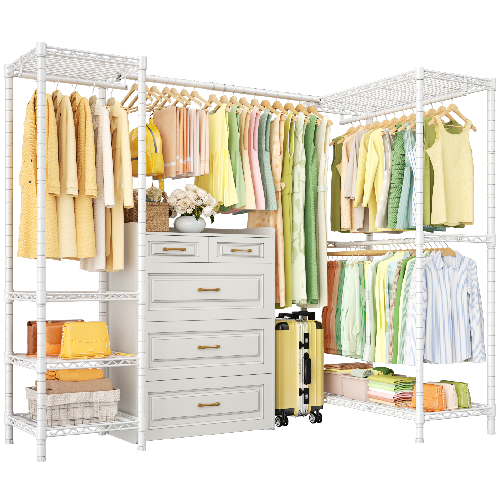 E10L L-Shaped Clothes Rack for Corner（With Expandable Hanger Rod）Heavy Duty Freestanding Clothing Racks for Hanging Clothes，Portable Garment Rack