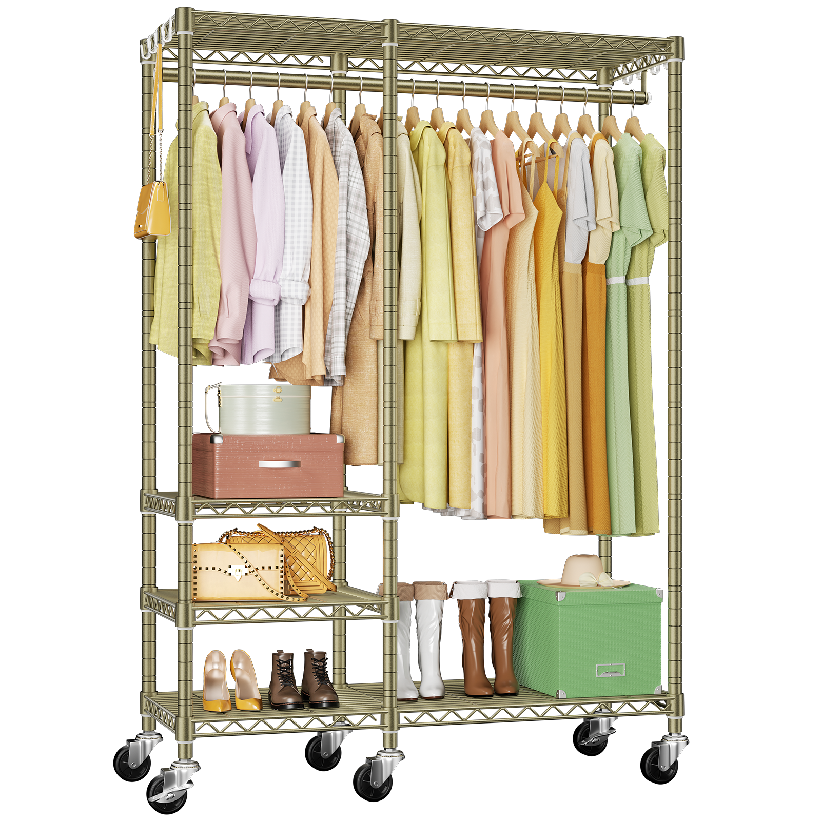F4 Double Column Garment Rack (Black), 500LBS Load, 4-Tier Shelves & 1 Hanger Rod with Side Hooks