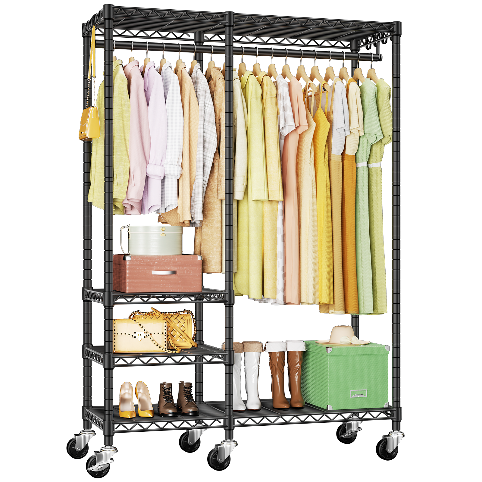 F4 Double Column Garment Rack (Black), 500LBS Load, 4-Tier Shelves & 1 Hanger Rod with Side Hooks