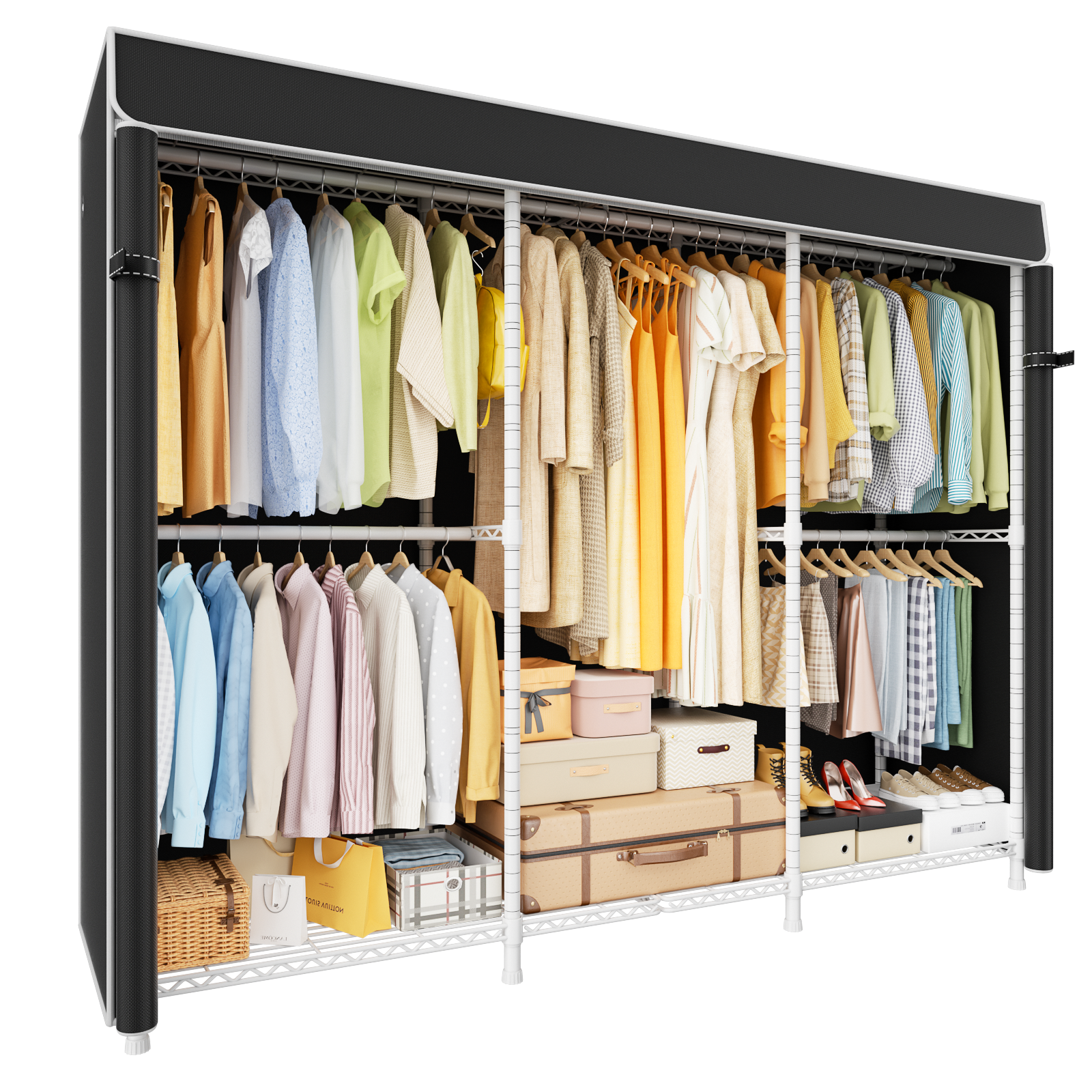 E14C Heavy Duty Closet Organizer System, Adjustable Garment Rack 70.1" W × 16.6" D × 76.4" H Hold 960 lbs, Black Rack with Black Dustproof Cover