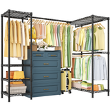 E10L L-Shaped Clothes Rack for Corner（With Expandable Hanger Rod）Heavy Duty Freestanding Clothing Racks for Hanging Clothes，Portable Garment Rack