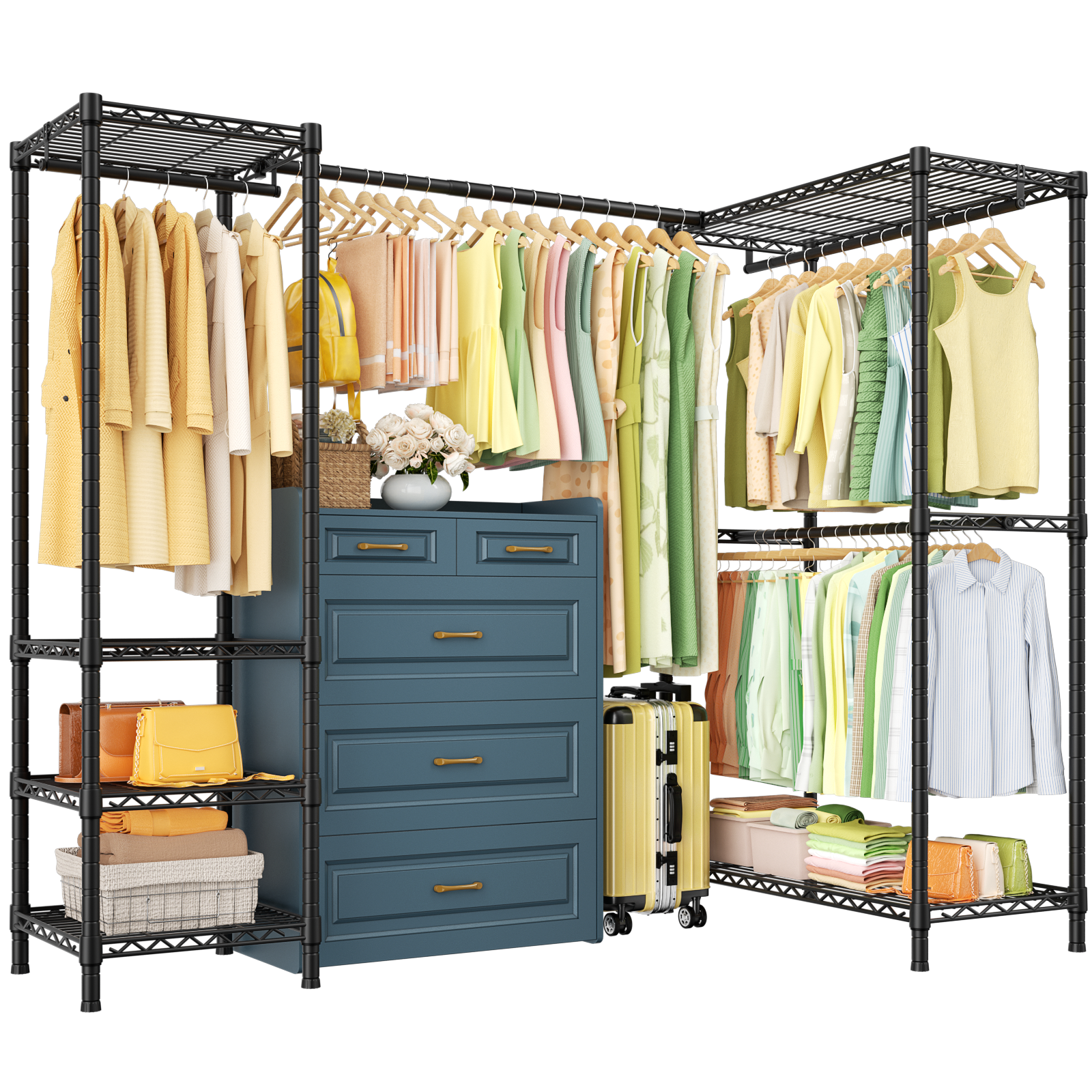 E10L L-Shaped Clothes Rack for Corner（With Expandable Hanger Rod）Heavy Duty Freestanding Clothing Racks for Hanging Clothes，Portable Garment Rack