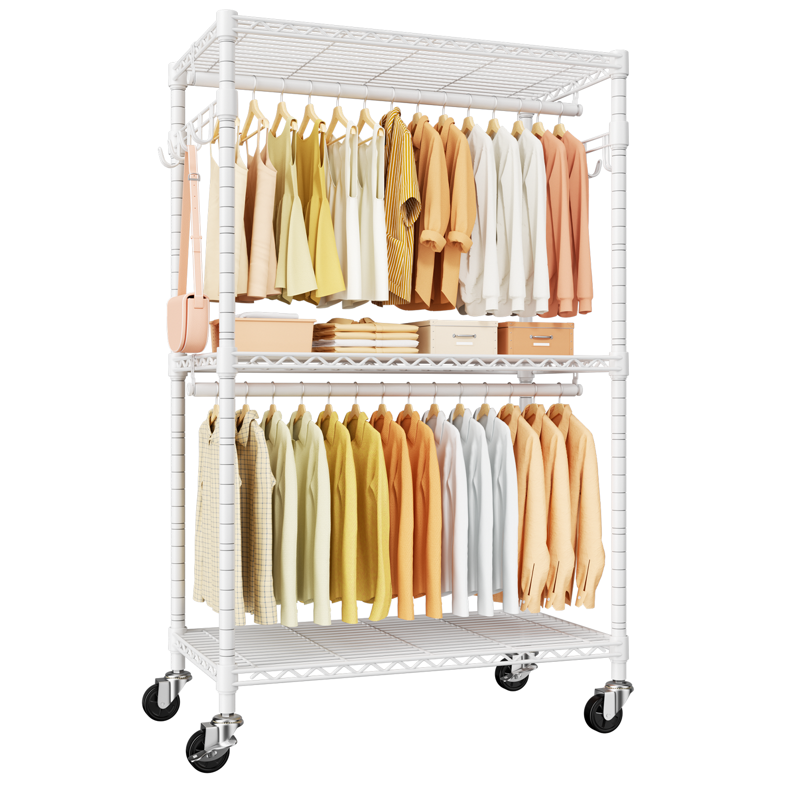 P1 35.4"W Single Column Garment Rack with Lockable Wheels, 500LBS Capacity & 3 Adjustable Wire Shelves