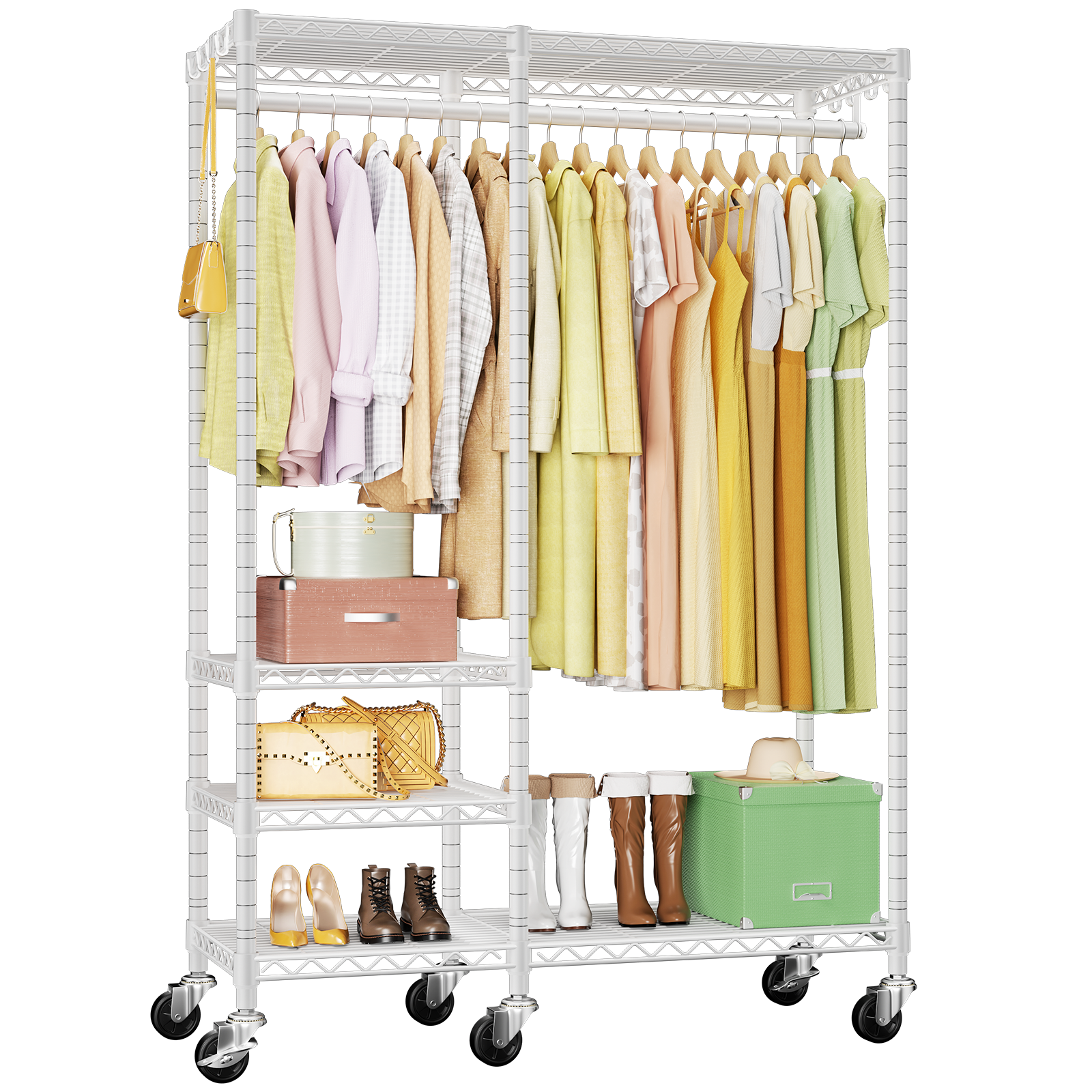 F4 Double Column Garment Rack (Black), 500LBS Load, 4-Tier Shelves & 1 Hanger Rod with Side Hooks
