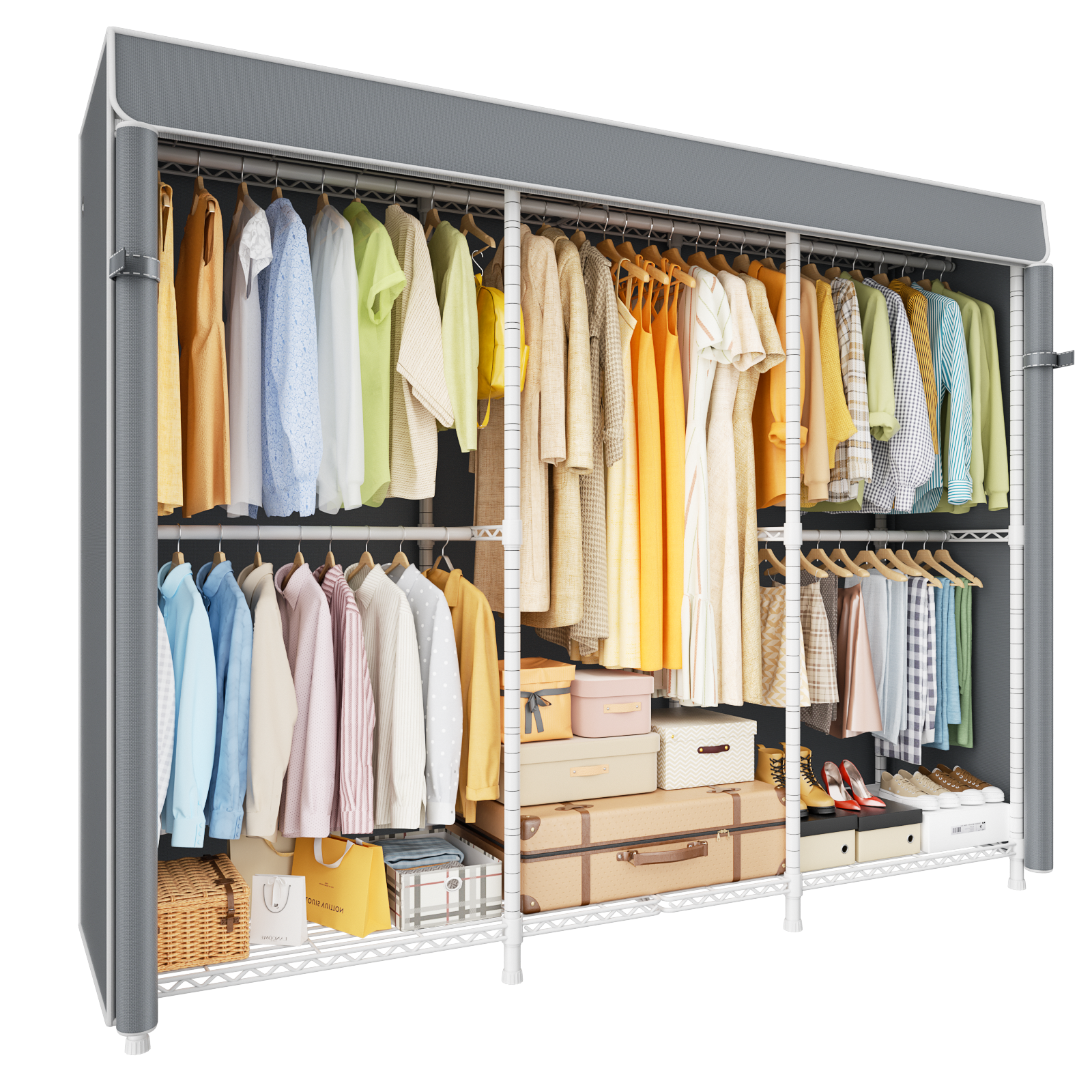 E14C Heavy Duty Closet Organizer System, Adjustable Garment Rack 70.1" W × 16.6" D × 76.4" H Hold 960 lbs, Black Rack with Black Dustproof Cover