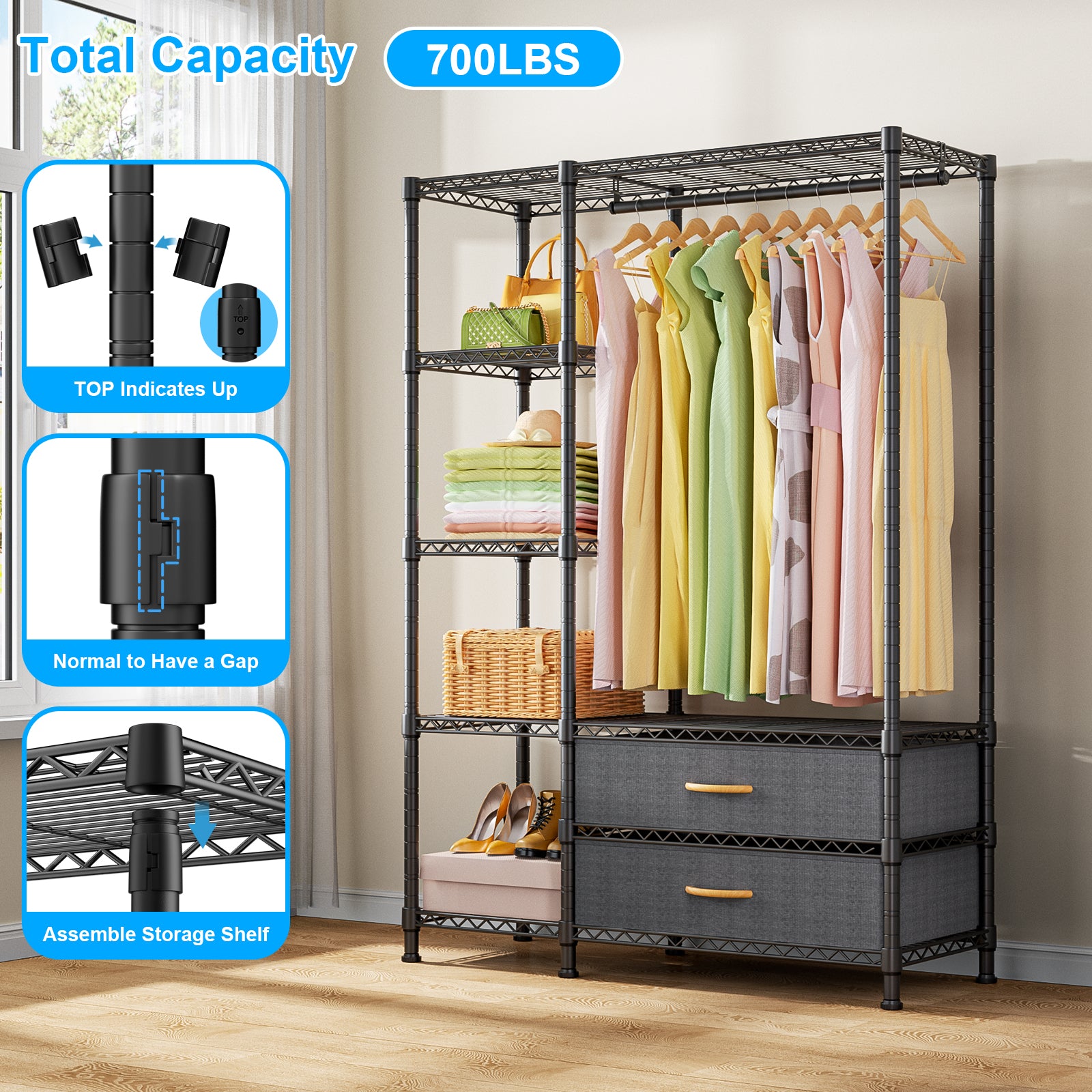 F3 Double Column Garment Rack (Black), 700LBS Load, 4-Tier Shelves & 2 Fabric Drawers with Bottom Boards