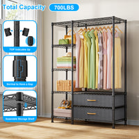 F3 Double Column Garment Rack (Black), 700LBS Load, 4-Tier Shelves & 2 Fabric Drawers with Bottom Boards