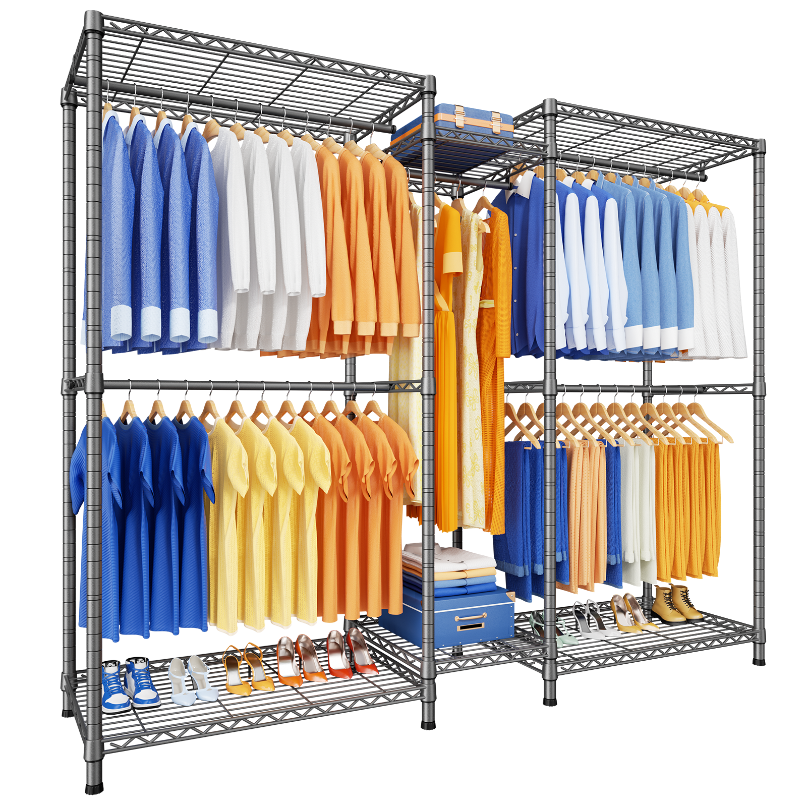 Ulif E12 Clothes Rack,Heavy Duty Freestanding Garment Rack with Shelves,Metal Clothing Closet Storage System for Hanging Clothes，71" W x 16" D x 76.5" H, Hold 960 lbs，Black