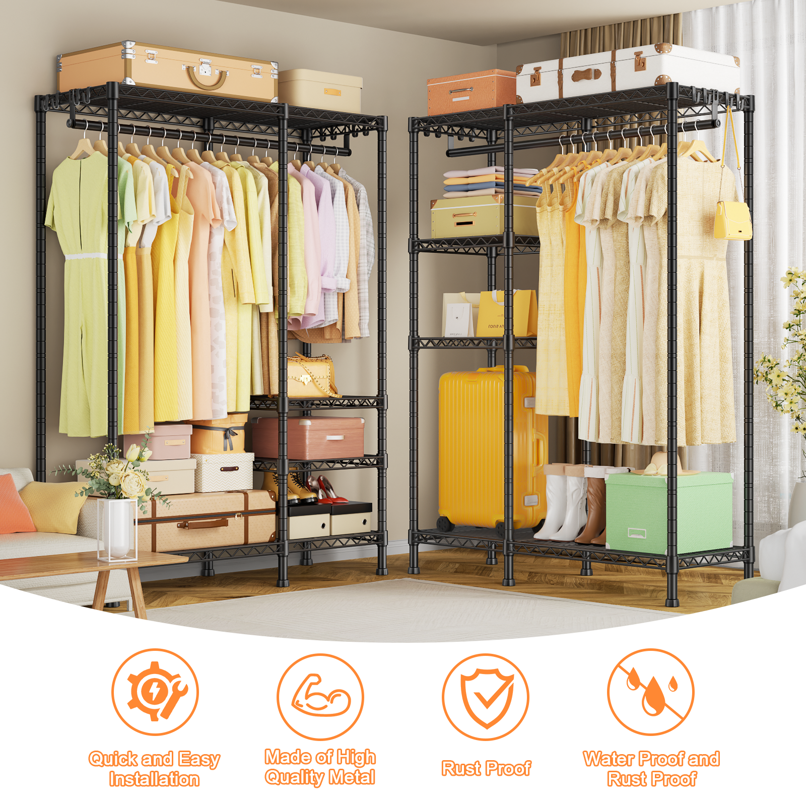 F4 Double Column Garment Rack (Black), 500LBS Load, 4-Tier Shelves & 1 Hanger Rod with Side Hooks