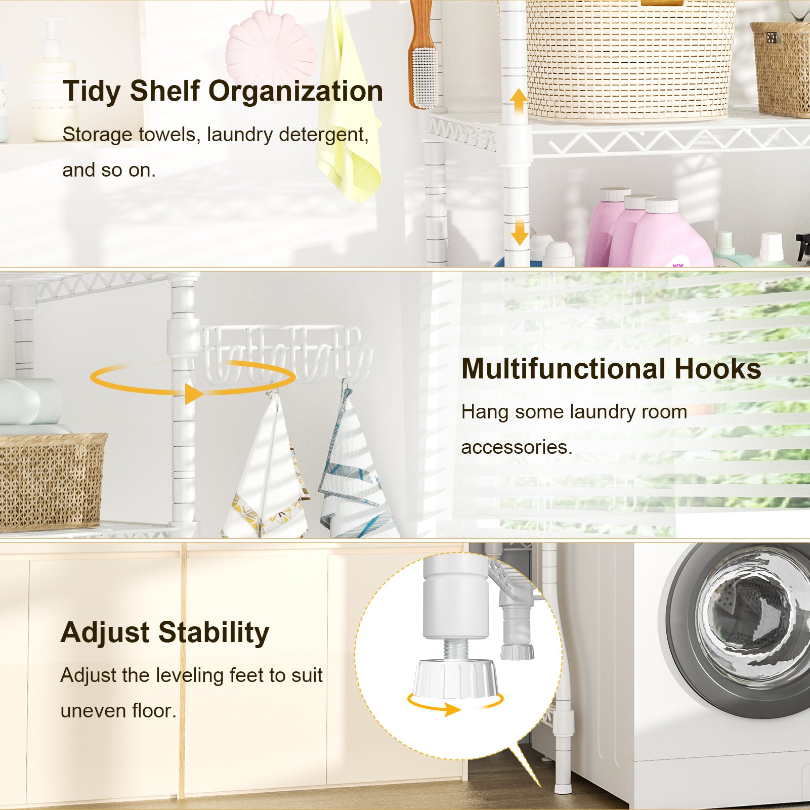 U8 Over-Washer Garment Rack (Black), ≤32.6" Washer Fit, 304LBS Load & Adjustable Shelves