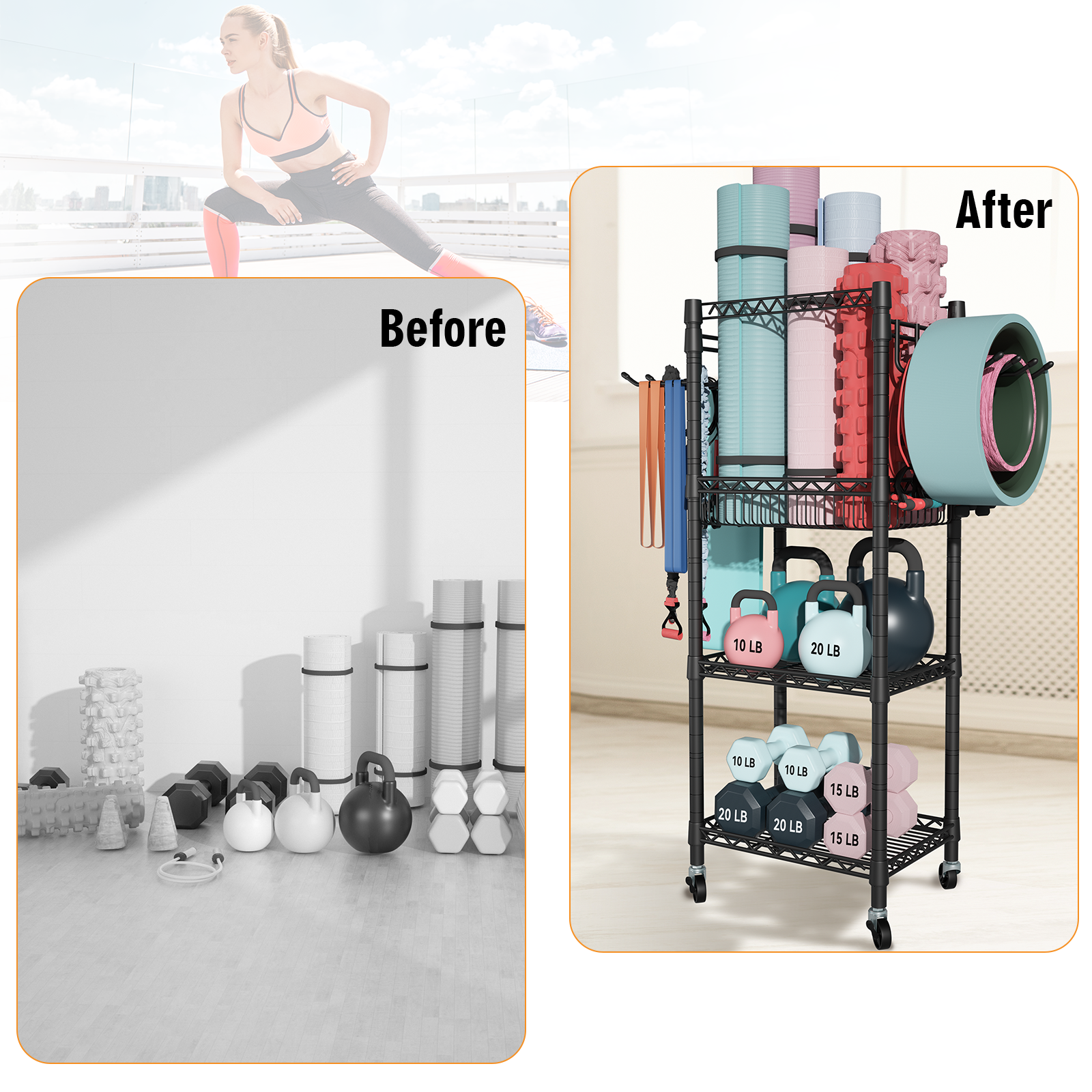 S1 Home Gym Storage, 3 Tiers Workout Equipment Organizer with Wheels for Yoga Mats, Foam Roller, Dumbbells, Kettlebells, and Resistance Bands