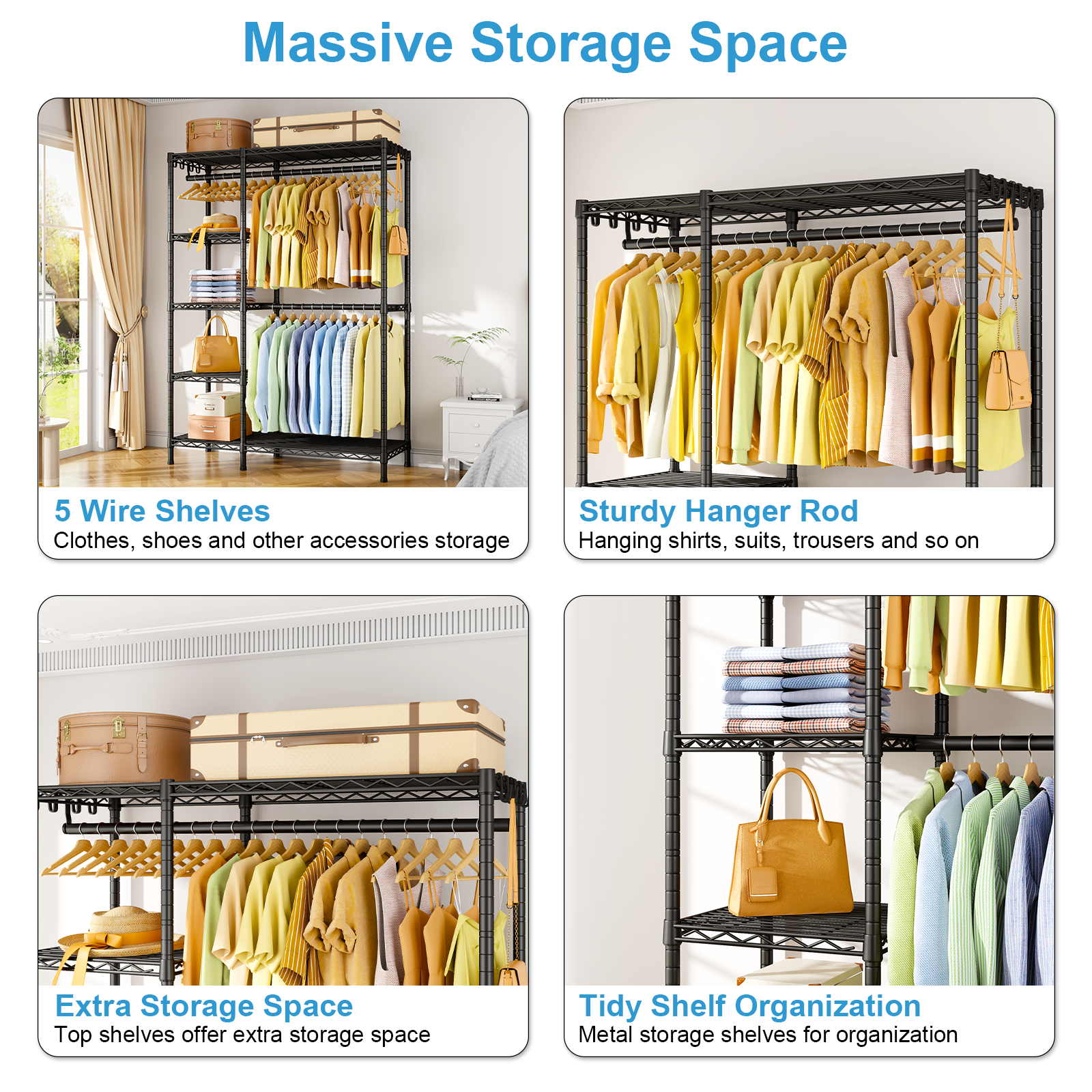 F2 45"W Double Column Garment Rack (Black), 630LBS Load & 5-Tier Adjustable Shelves