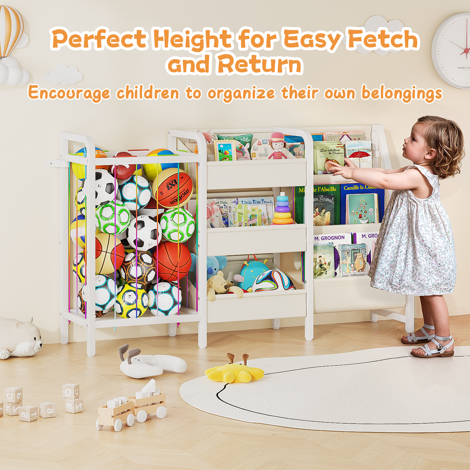 B2 Kids Bookshelf and Toy Storage, 3 Tier Book Shelf for Kids Rooms, Sling Toddler Bookshelf with Stuffed Animal Storage, Montessori Baby Bookcase for Nursery, Bedroom, Playroom, White