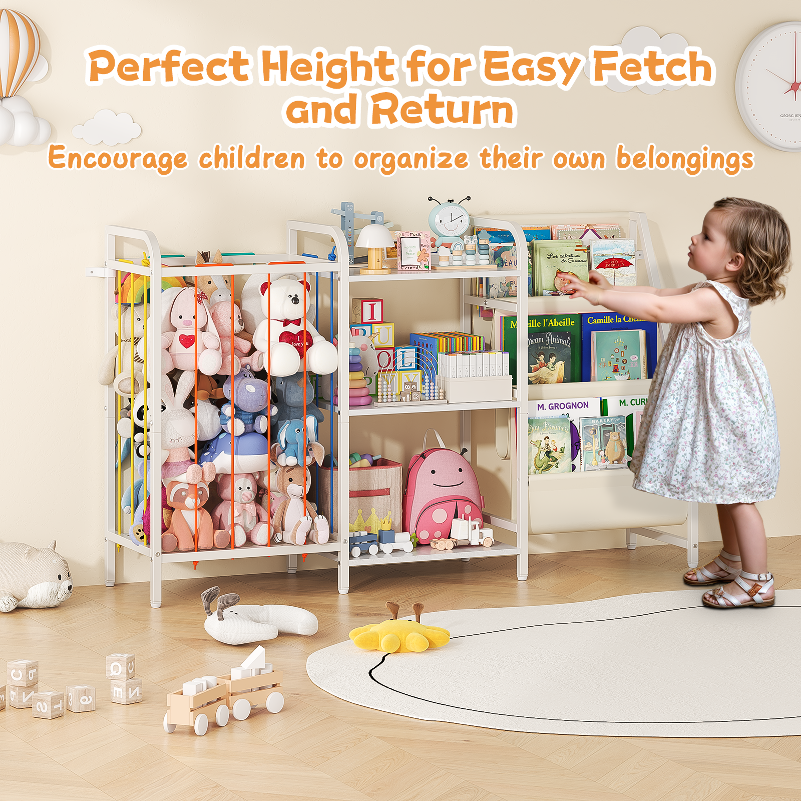 B1 Kids 3-in-1 Bookshelf & Toy Storage (White), 3-Tier Shelves+3 Sling Pockets for Nursery/Playroom