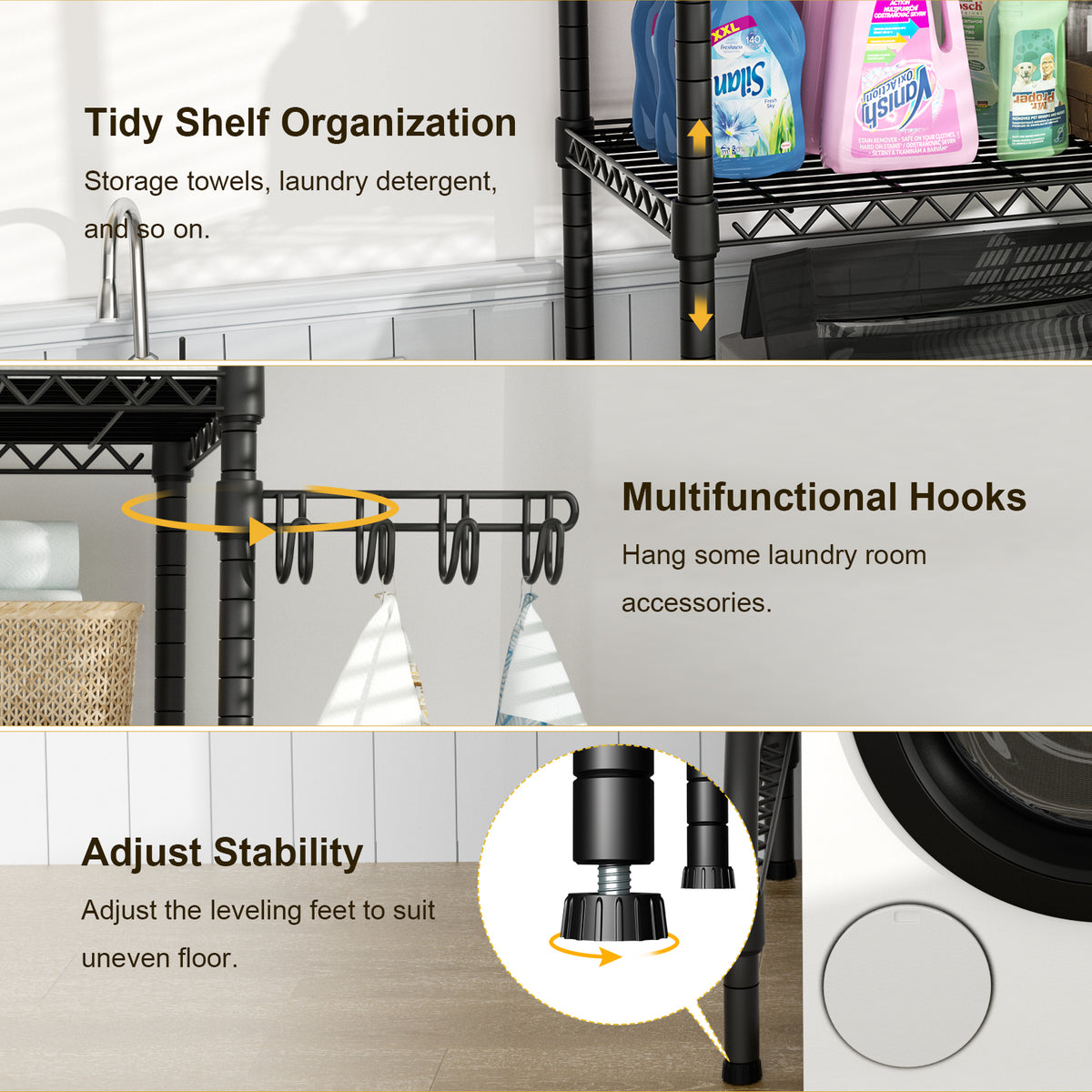 U8 Mini Over-Washer Garment Rack (Black), ≤27.1" Washer Fit, 304LBS Load & Leveling Feet