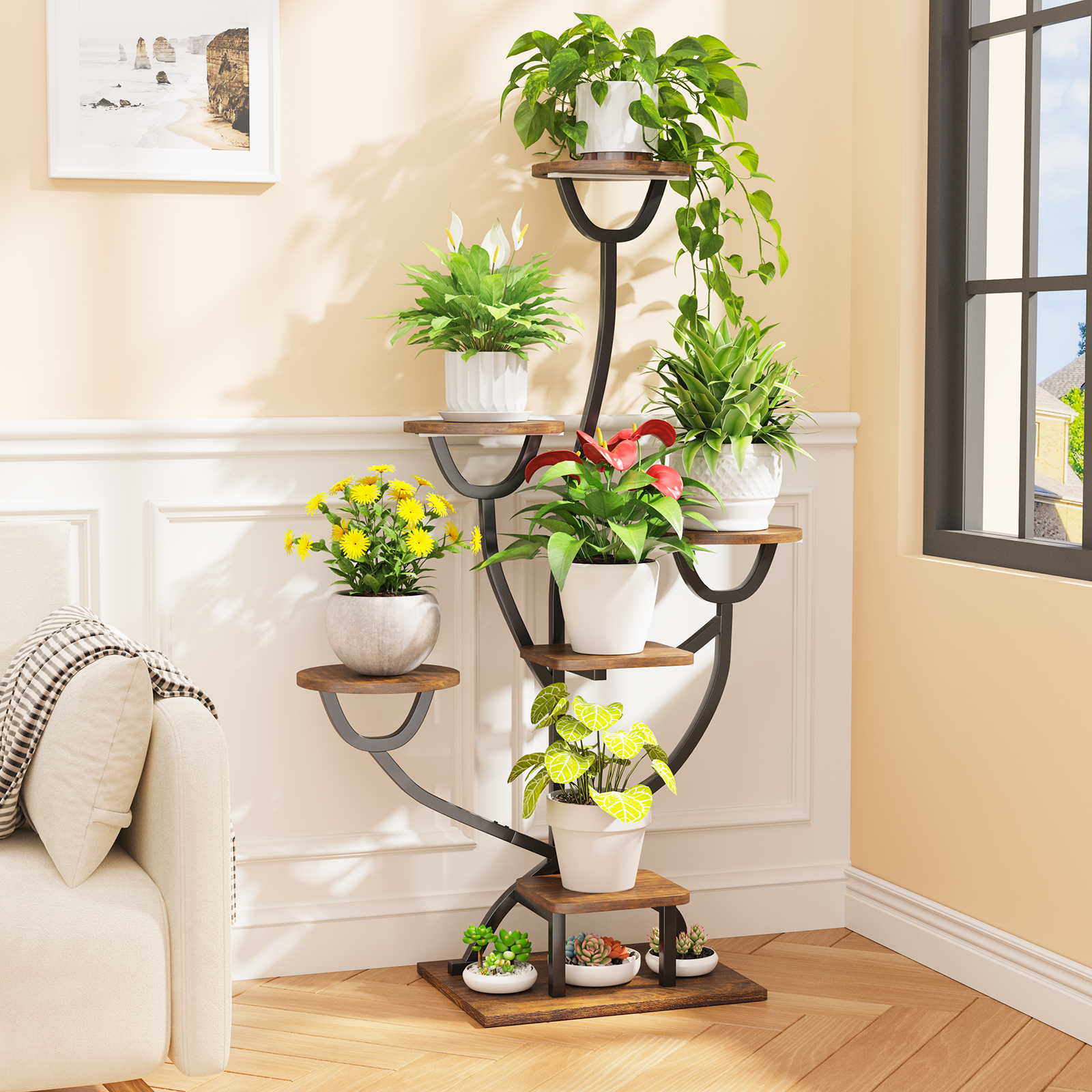 C4 Plant Stand Indoor with Grow Lights - 44.2" Tall Plant Shelf, Lighted Corner Plant Stands for Indoor Growing, 7 Tiered Metal & Wood Plant Holder Display Shelves for Living Room, Patent Design