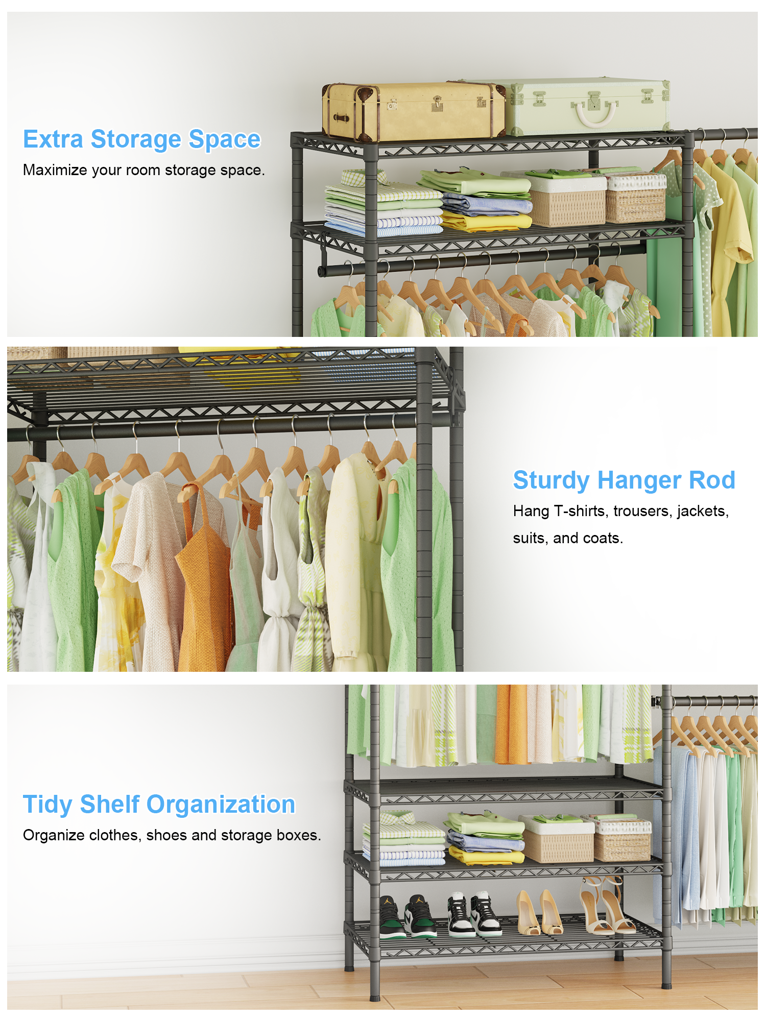 E11 73.2-97.6" Extendable Triple Column Garment Rack (Black), 1034LBS Load & Wall-Mounted/Free-Standing