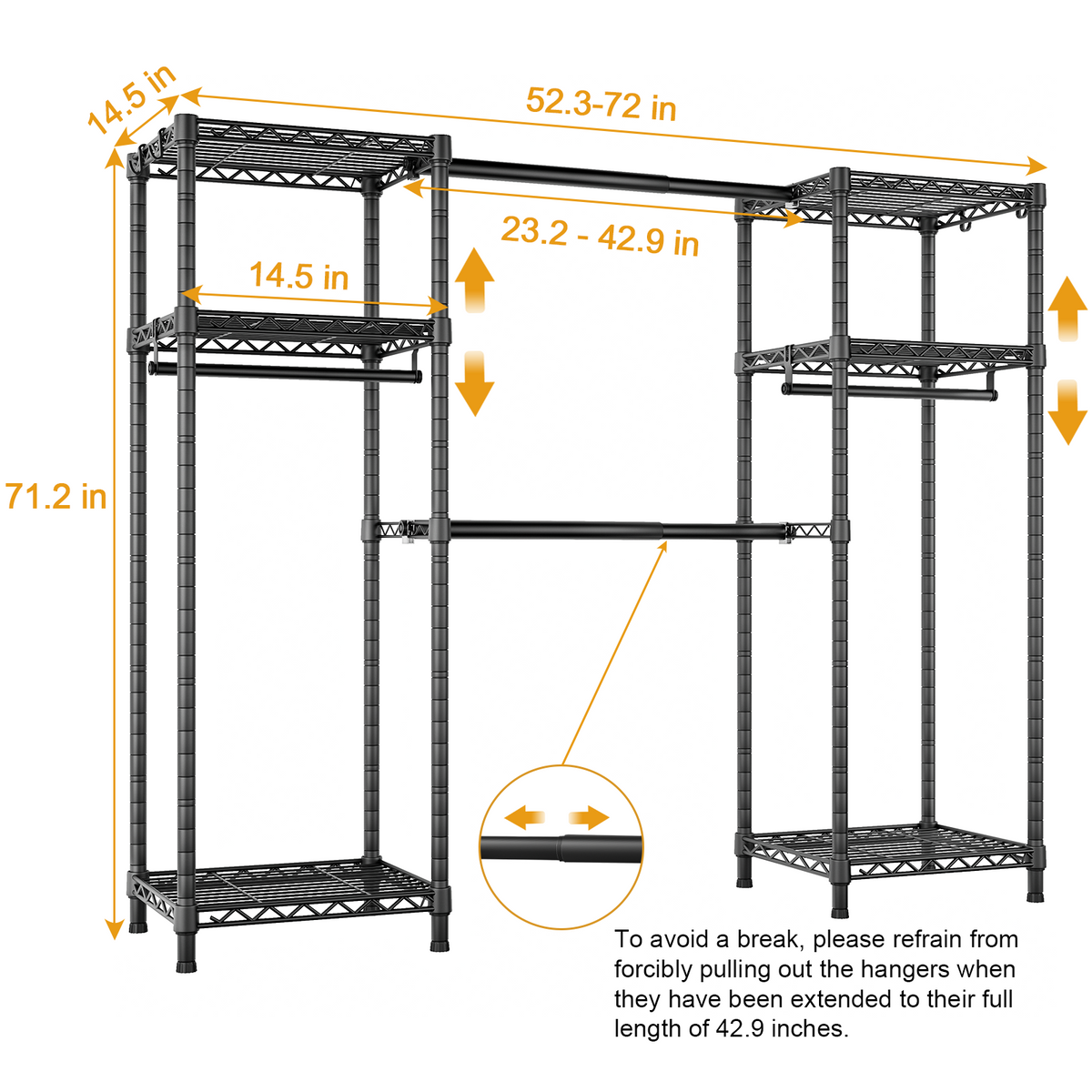 E7 52.3-72" Extendable Triple Column Garment Rack (Black), 838LBS Load & 6-Tier Wire Shelves