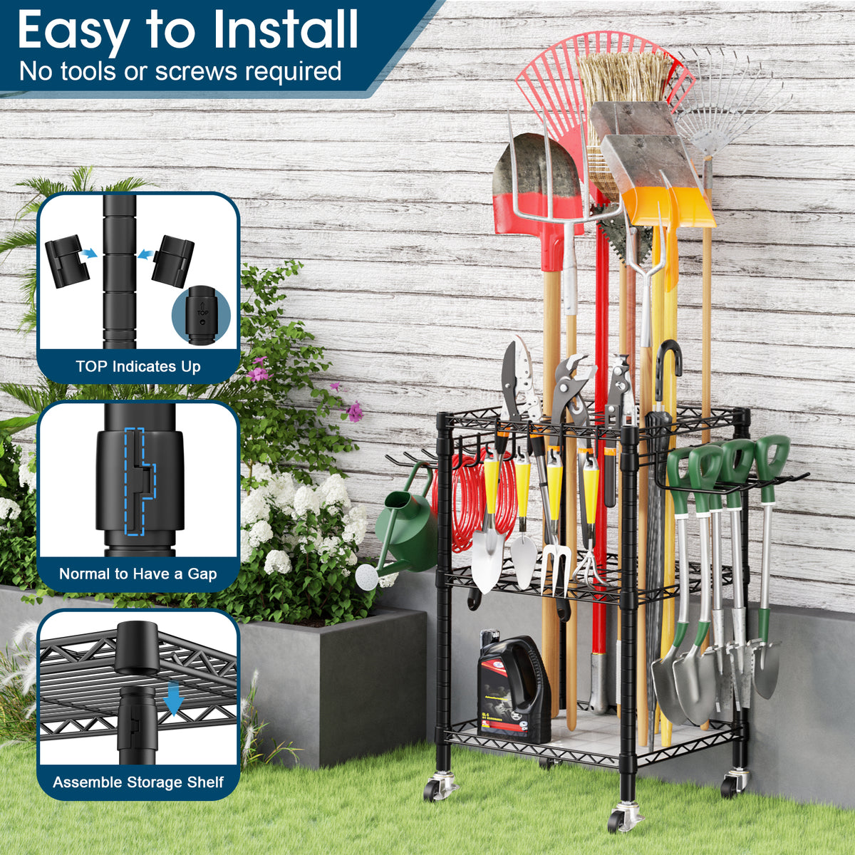 T1 Garden Tool Organizer（With Lockable Wheels）Heavy Duty Garage Tool Storage for Yard，Shed，Outdoor and Lawn，Freestanding Tool Organizers and Storage UP to 50 Tools, with Anti-Tip Device