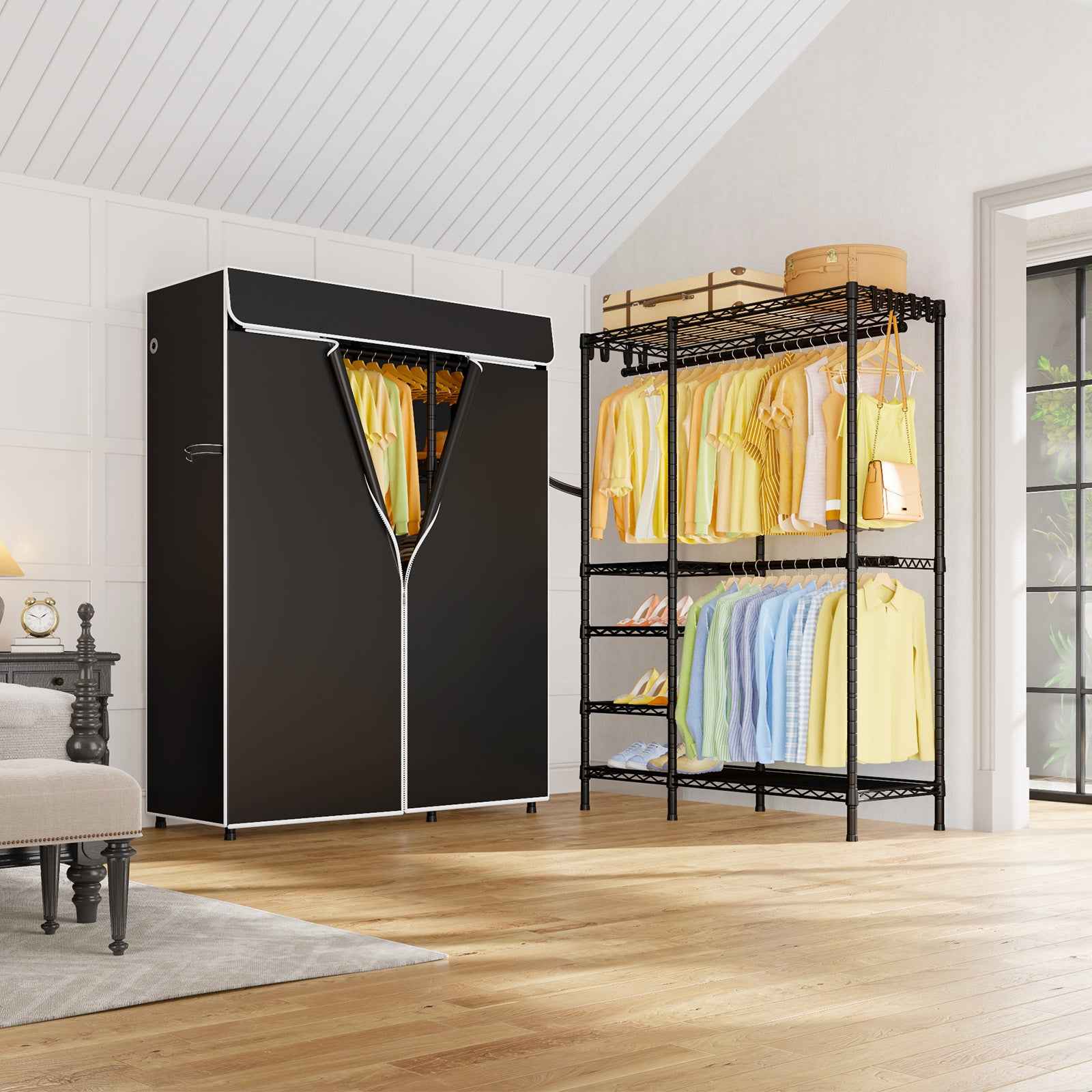 F2C Clothes Rack with Cover, Clothing Racks for Hanging Clothes, Heavy Duty Garment Rack with Shelves and Hanger Rods