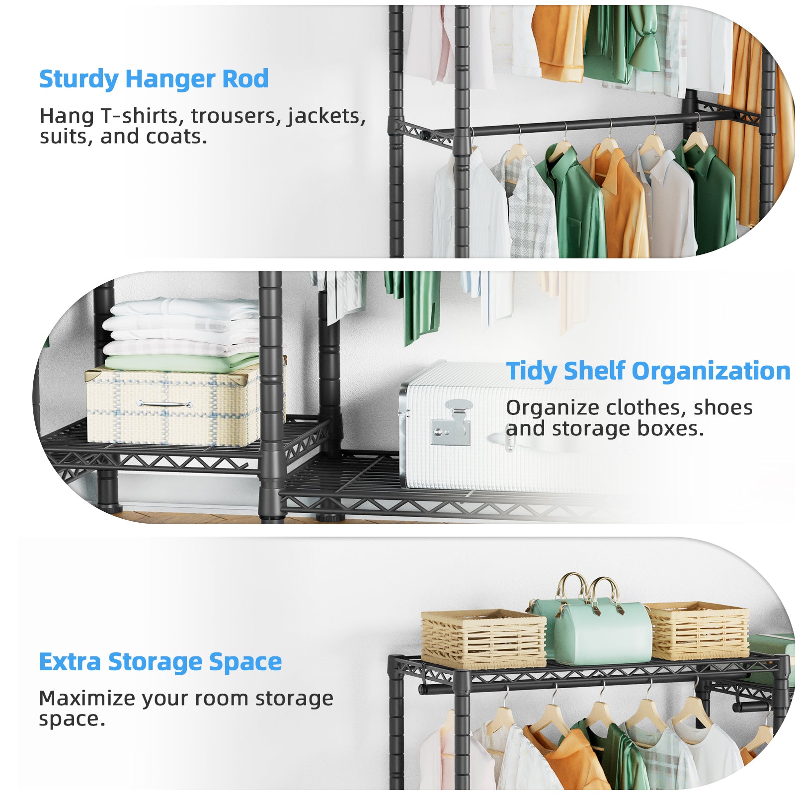 E12 Detachable Triple Column Garment Rack (Gold), 960LBS Load & 6-Tier Shelves with 4 Hanger Rods