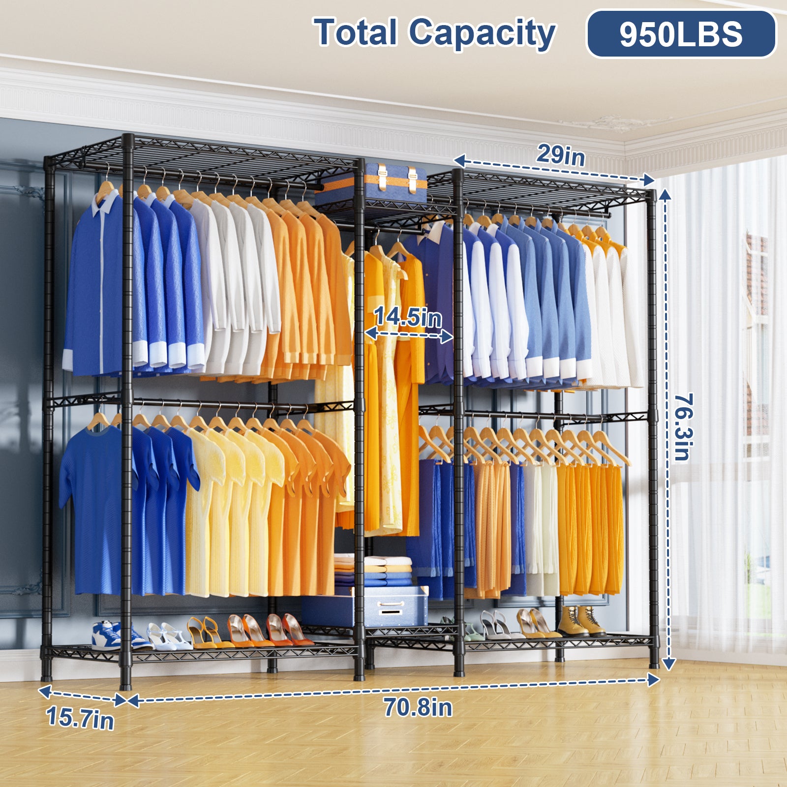 Ulif E12 Clothes Rack,Heavy Duty Freestanding Garment Rack with Shelves,Metal Clothing Closet Storage System for Hanging Clothes，71" W x 16" D x 76.5" H, Hold 960 lbs，Black