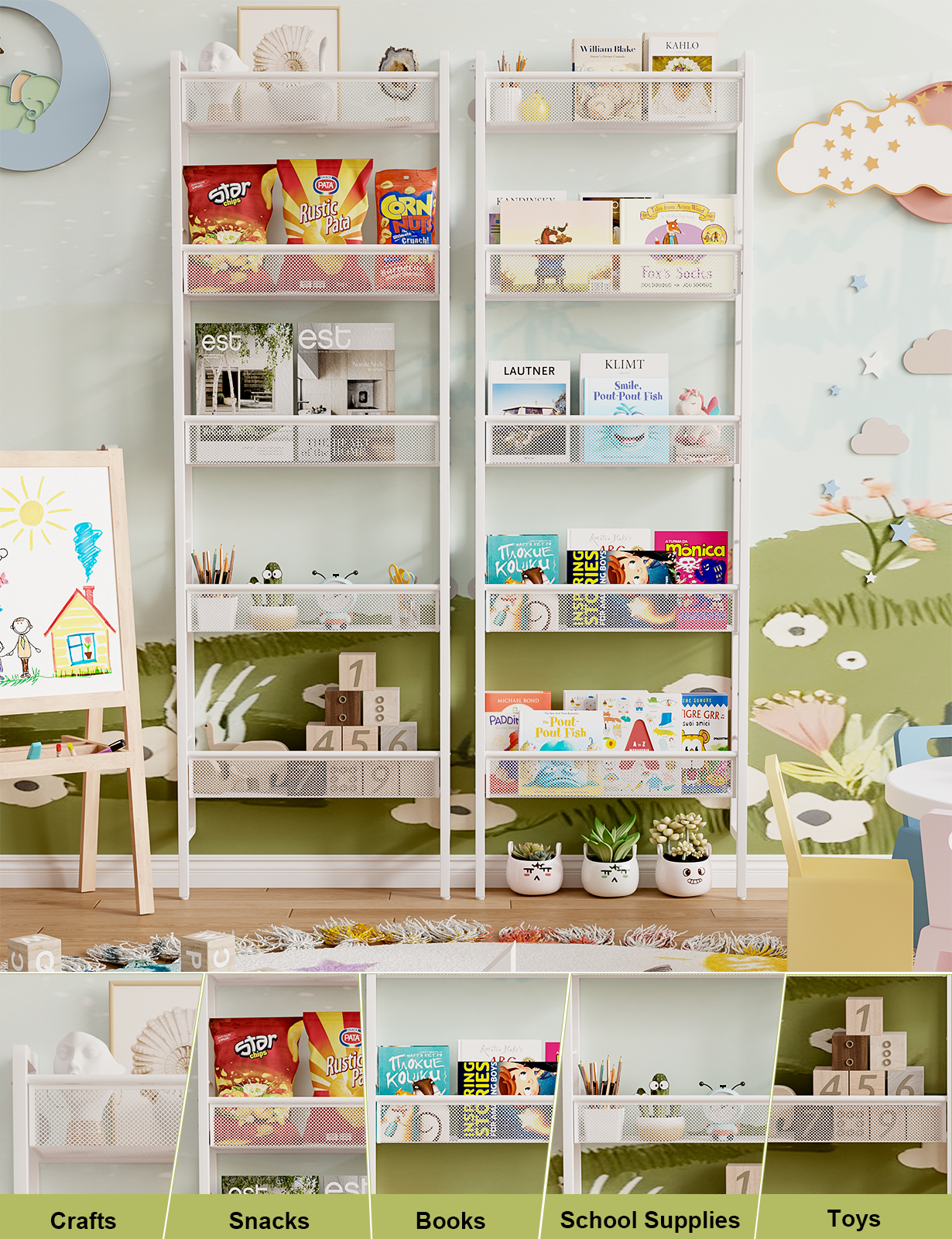 B8 Kids Bookshelf Wall Mounted, 5-Tier Wall Bookshelf for Kids, Children's Bookcases Organizer for Toys and Books