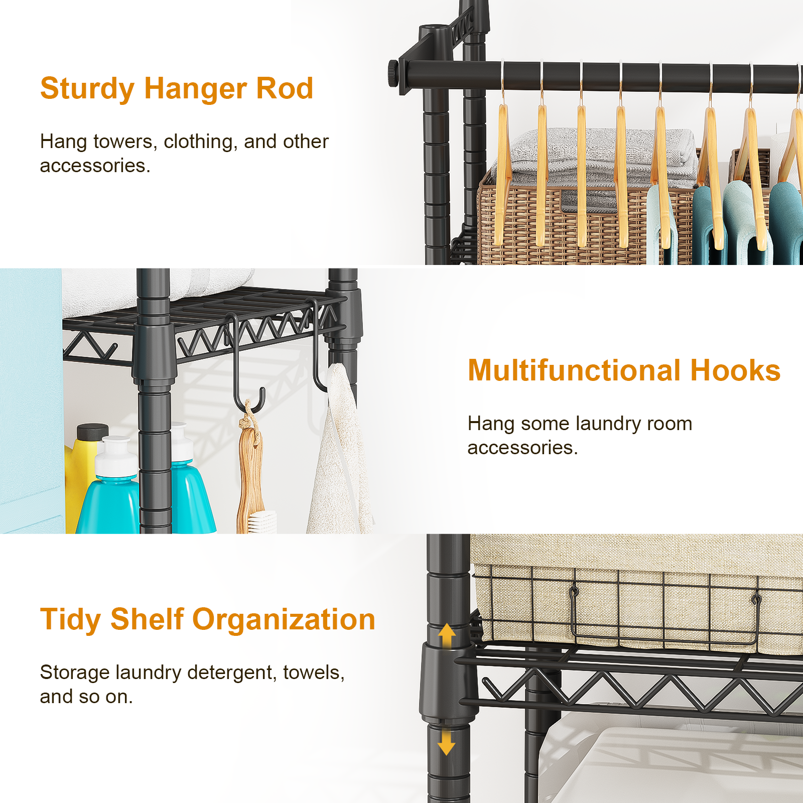 U14 Double Column Over-Washer Garment Rack, 4-Tier Storage & 2 Hanger Rods, 80-90LBS per Shelf Load