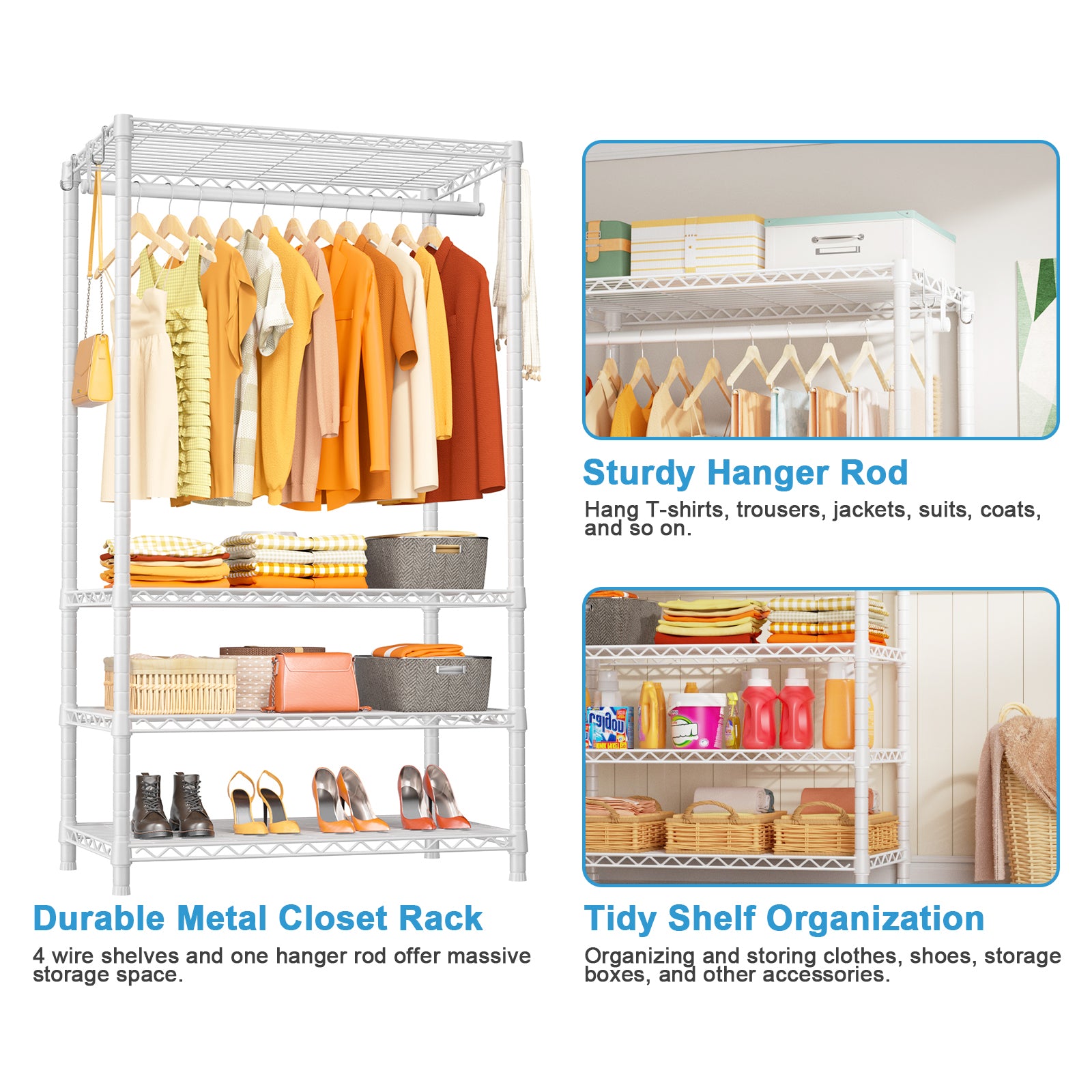 H4 35.4"W Single Column Garment Rack (Black), 512LBS Load & 4-Tier Storage Shelves