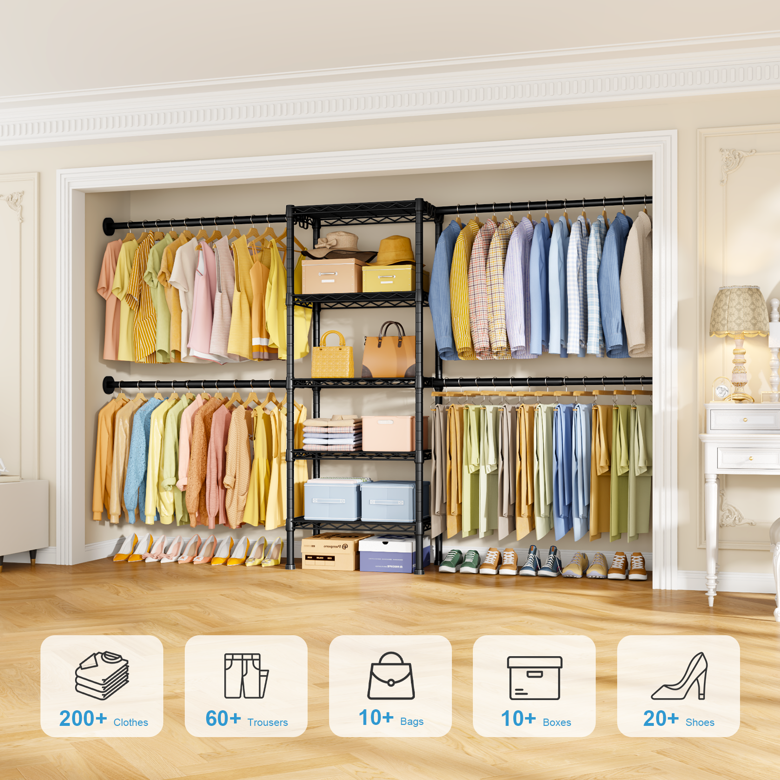 M2 Wall Mounted Closet System, Clothes Rack Mounted onto the Wall with 4 Expandable Hanger Rods and 5 Metal Shelves, Clothing Organizer Storage in (70.8-102.3)" L x 14.5" D x 71.2" H