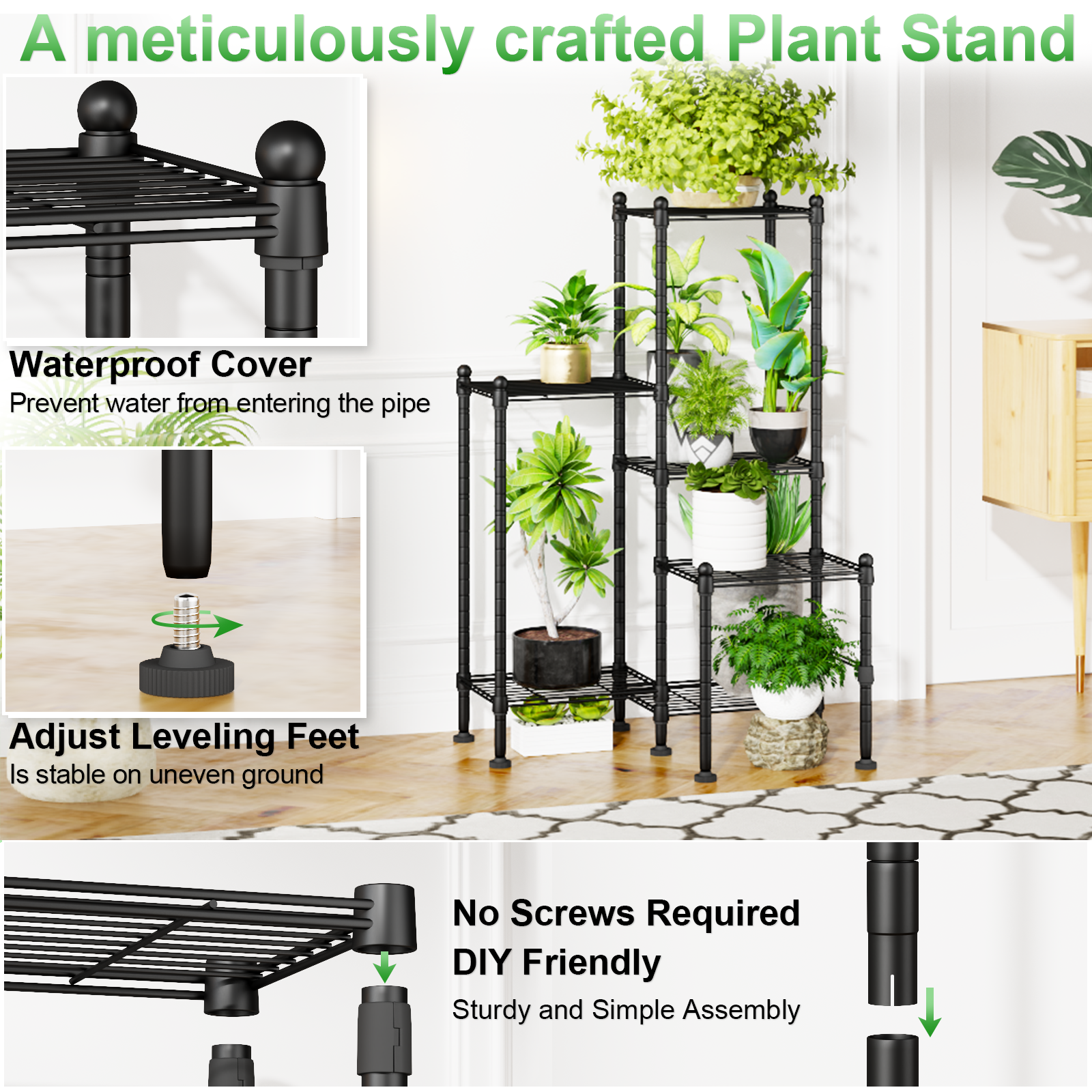 C6 Plant Stand Indoor Outdoor, Heavy Duty Metal Waterproof 6 Tiered Plant Shelf for Multiple Flower Planter Holder Rack, Black
