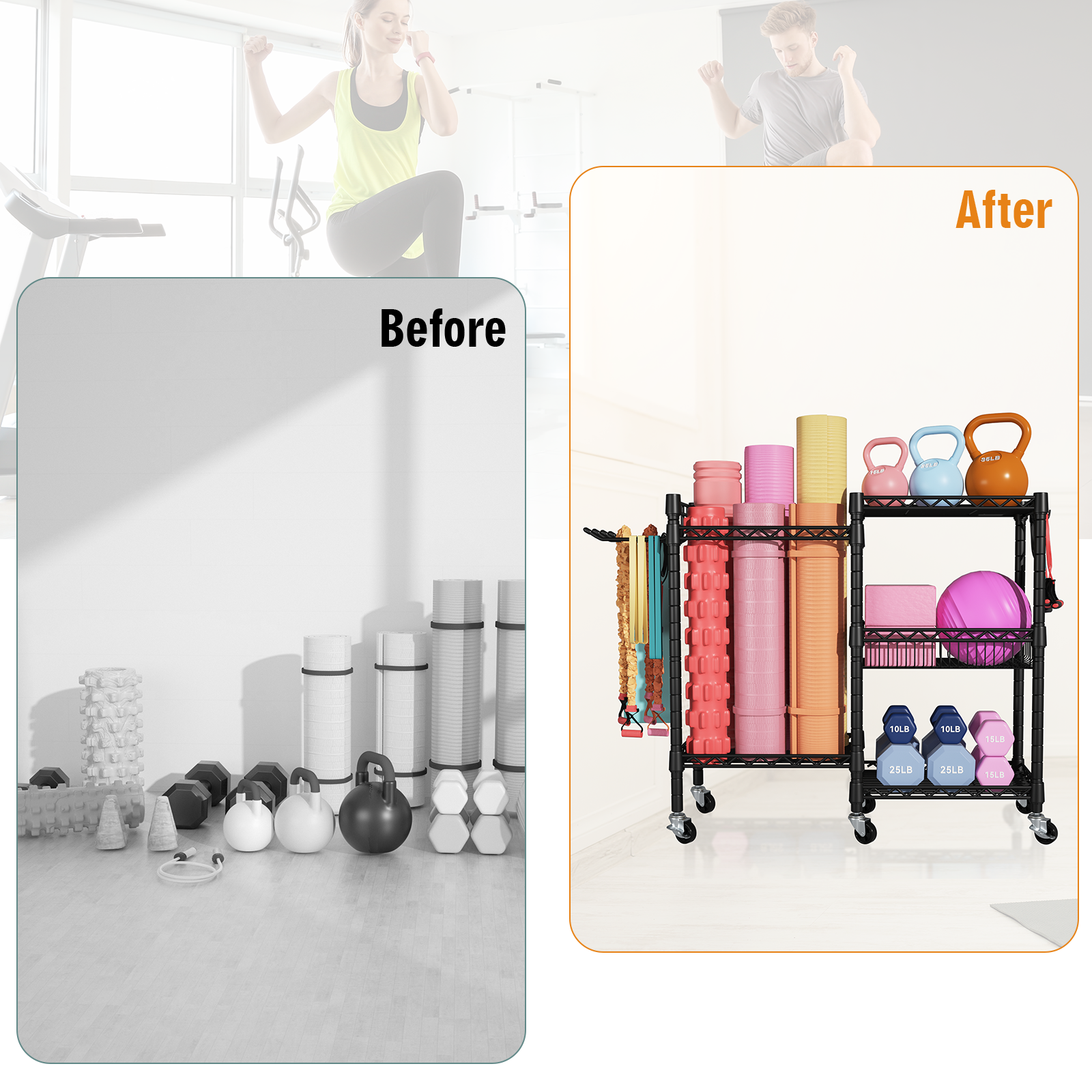 S2 Home Gym Storage, 3 Tiers Workout Equipment Organizer with Wheels for Yoga Mats, Foam Roller, Dumbbells, Kettlebells, and Resistance Bands