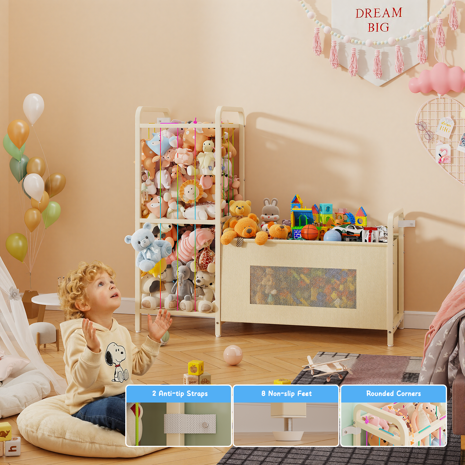 B10 Toy Storage Organizer with Stuffed Animal Storage, Large Toy Box Chest and Stuffed Animal Holder Zoo Organizer with Elastic Ropes for Nursery, Kids Room, Playroom, Bedroom, Beige