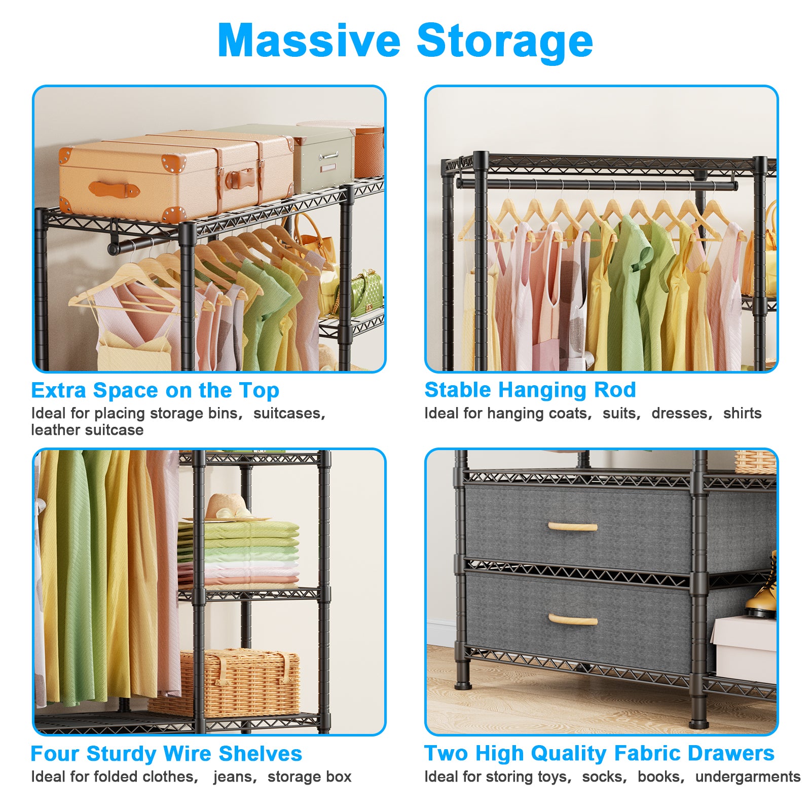 F3 Double Column Garment Rack (Black), 700LBS Load, 4-Tier Shelves & 2 Fabric Drawers with Bottom Boards