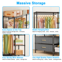 F3 Double Column Garment Rack (Black), 700LBS Load, 4-Tier Shelves & 2 Fabric Drawers with Bottom Boards