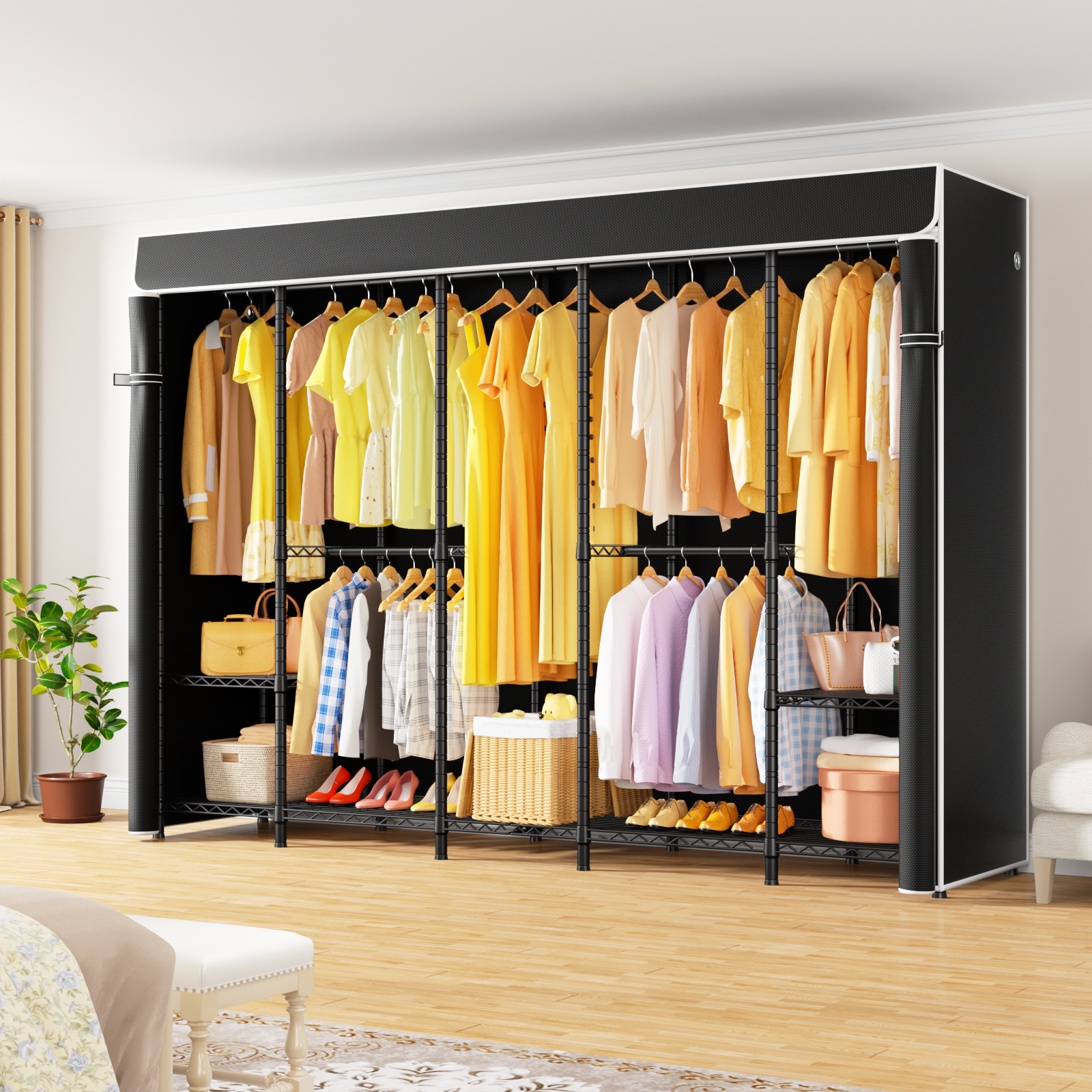 H50C Extra Large Clothes Rack with Cover,89.8" Wide, 1400LBS Load & Long Garment Storage