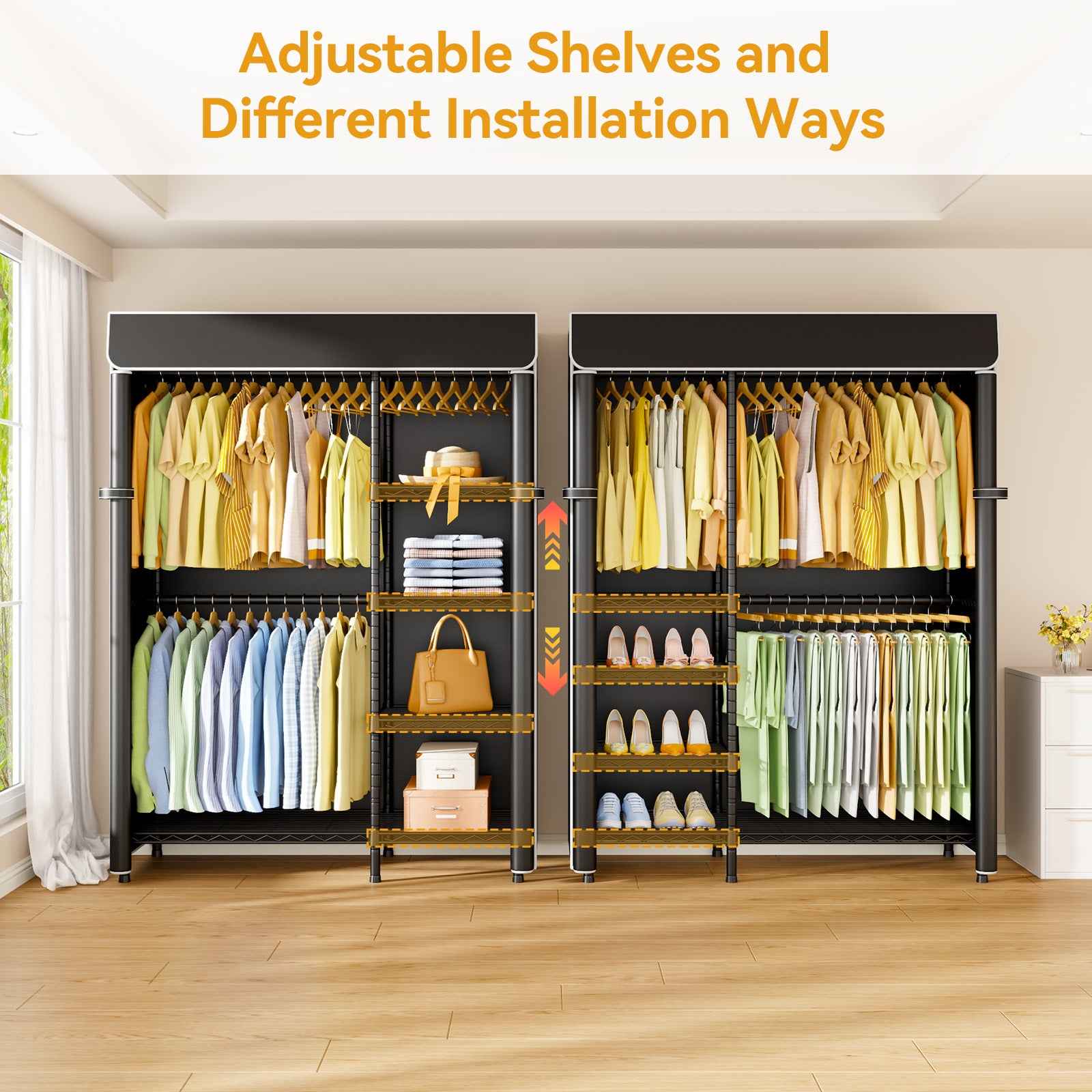 F2C Clothes Rack with Cover, Clothing Racks for Hanging Clothes, Heavy Duty Garment Rack with Shelves and Hanger Rods
