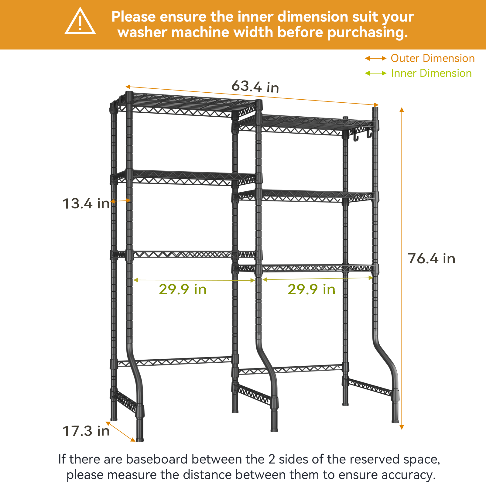 U15 Over Washer and Dryer Storage Shelves, Laundry Above Washer Dryer Storage Rack Space Saver, 6-Tier Wire Shelf with 4 Hooks for Organization, 63.4"W x 17.3"D x 76.4"H, Holds 568lbs