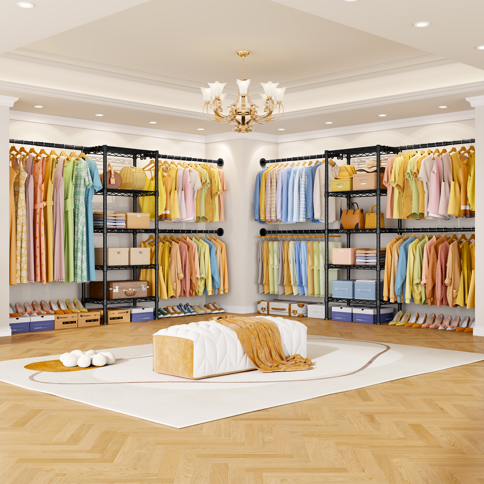 M2 Wall Mounted Closet System, Clothes Rack Mounted onto the Wall with 4 Expandable Hanger Rods and 5 Metal Shelves, Clothing Organizer Storage in (70.8-102.3)" L x 14.5" D x 71.2" H