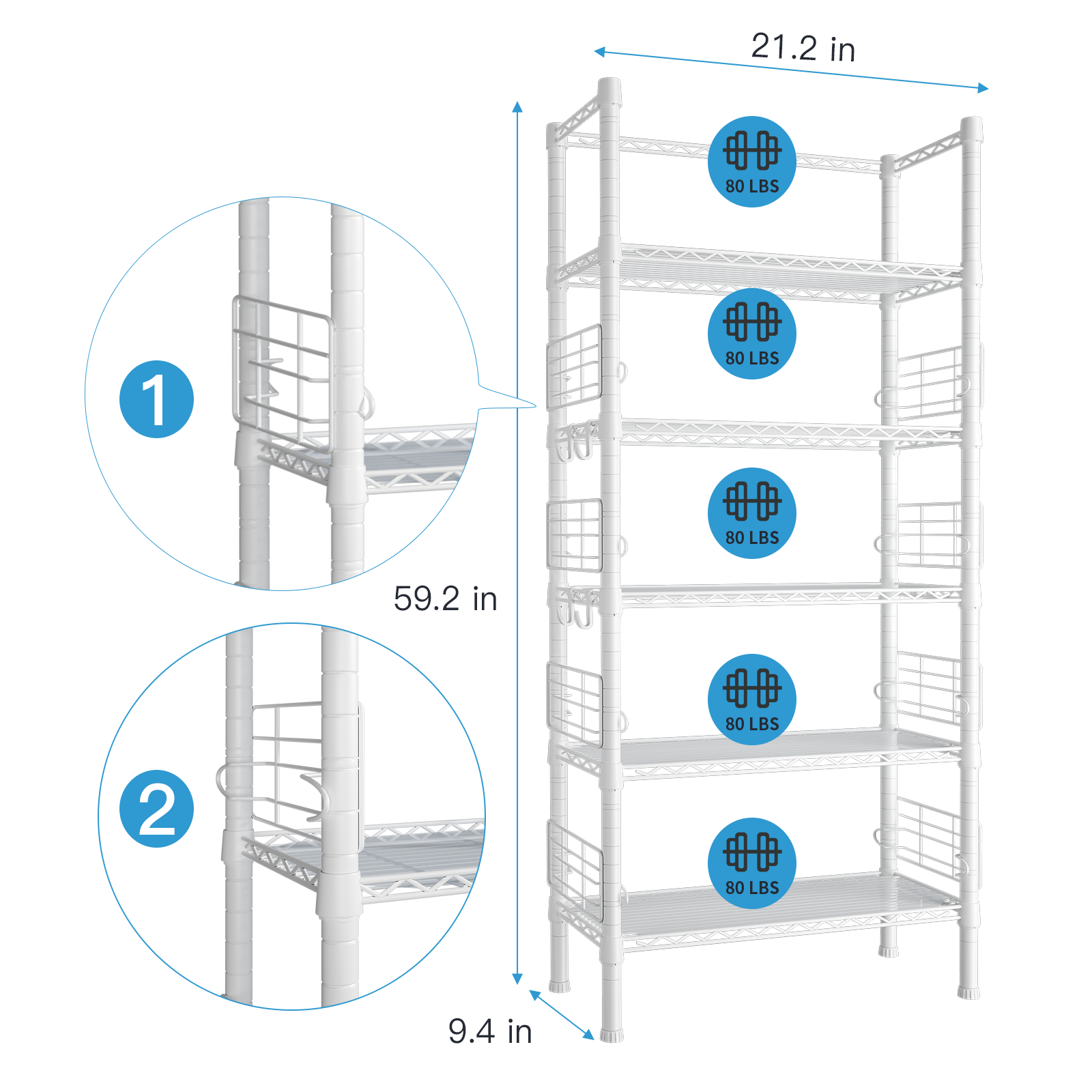 Narrow Metal Storage Rack (Black), 5-Tier, 400LBS Load & Guardrails for Kitchen/Bathroom