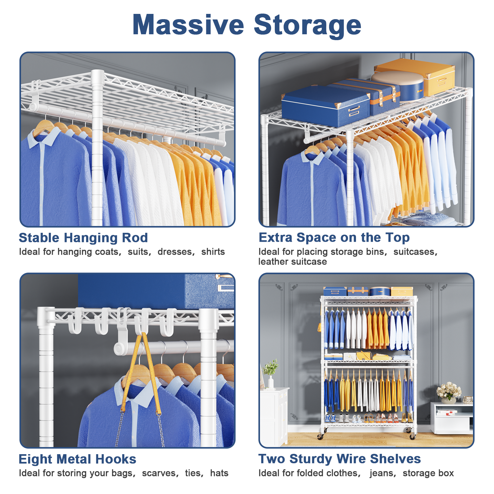 P8 51.2" Extended Single Column Garment Rack (White), 700LBS Load & 3 Adjustable Shelves