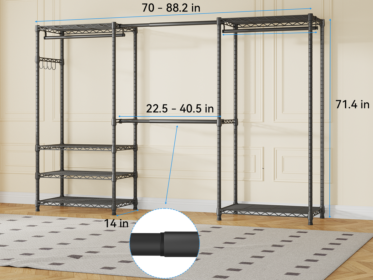 E1 Heavy Duty Closet Garment Rack - Expandable closet, (70-88.2'') Width, Load Capacity 880 lbs