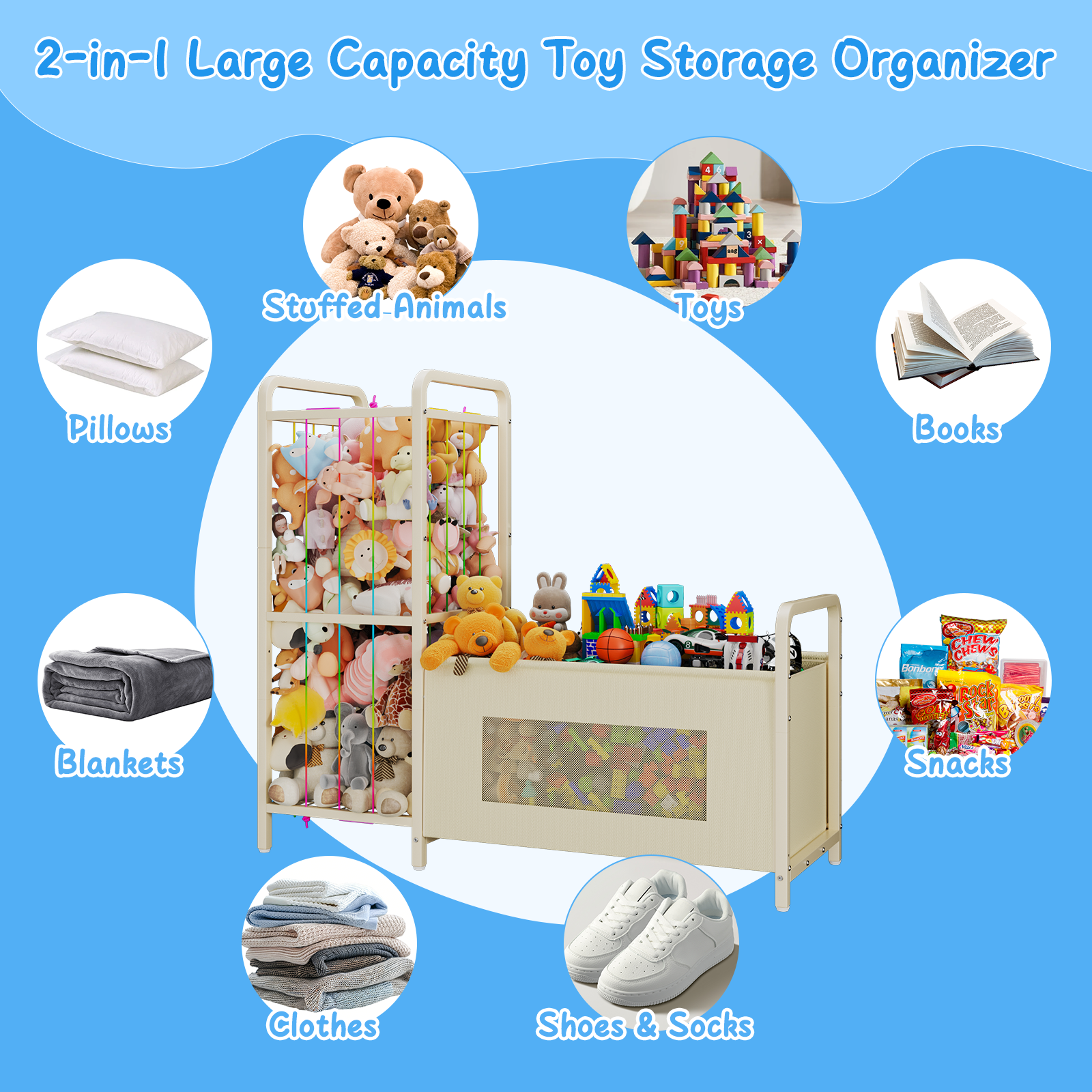 B10 Toy Storage Organizer with Stuffed Animal Storage, Large Toy Box Chest and Stuffed Animal Holder Zoo Organizer with Elastic Ropes for Nursery, Kids Room, Playroom, Bedroom, Beige