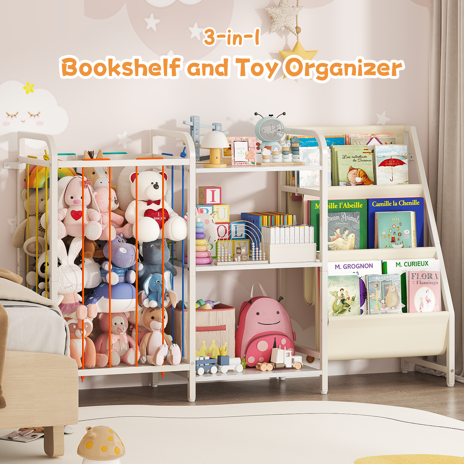 B1 Kids 3-in-1 Bookshelf & Toy Storage (White), 3-Tier Shelves+3 Sling Pockets for Nursery/Playroom
